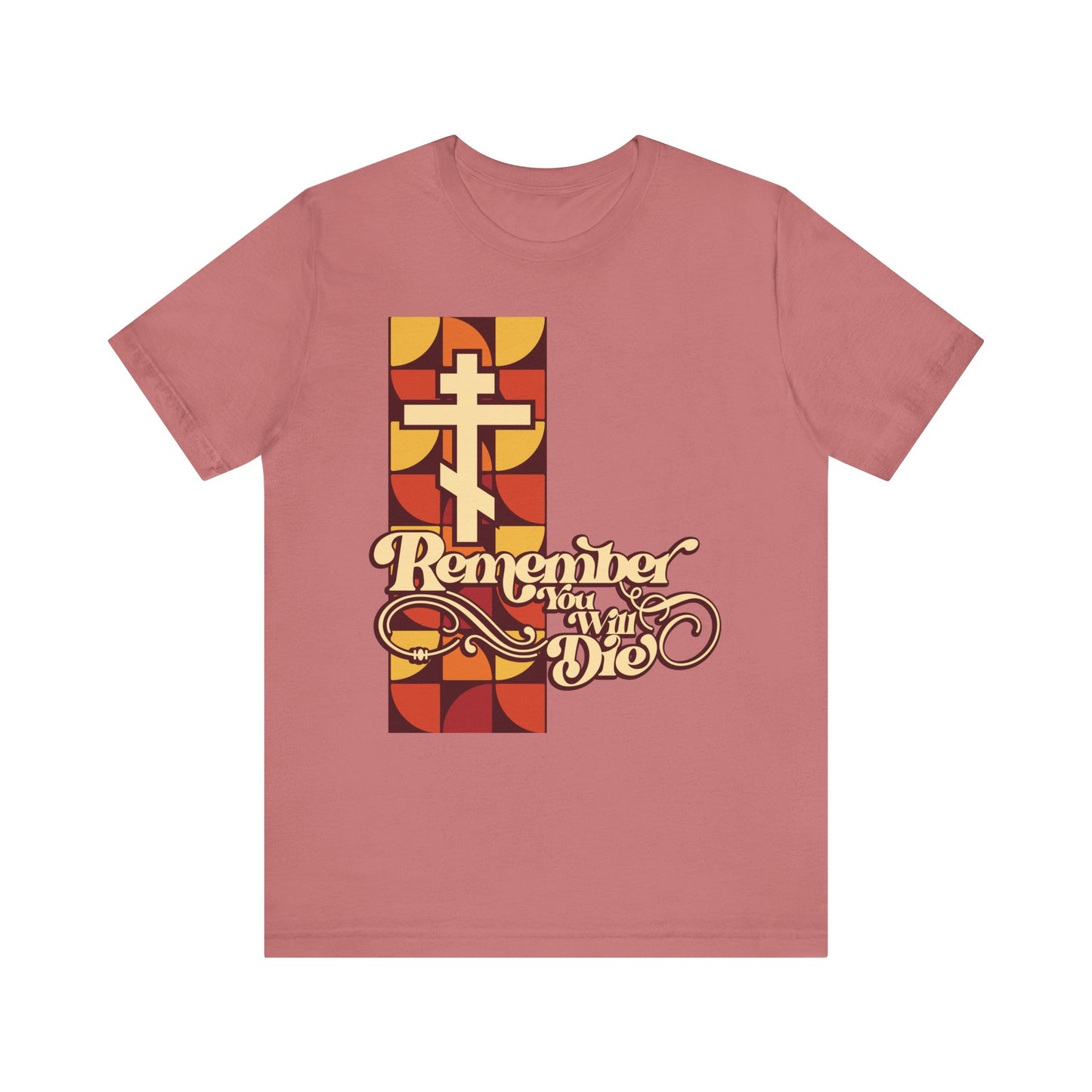 Mauve “Remember You Will Die RYWD 70's Design” t-shirt in lightweight cotton, featuring a cross with geometric patterns and ornate beige, red, and yellow script—an Orthodox Christian tee echoing the somber reflection of Friday Vespers and the Stichera for the Dead from the Triodion.
