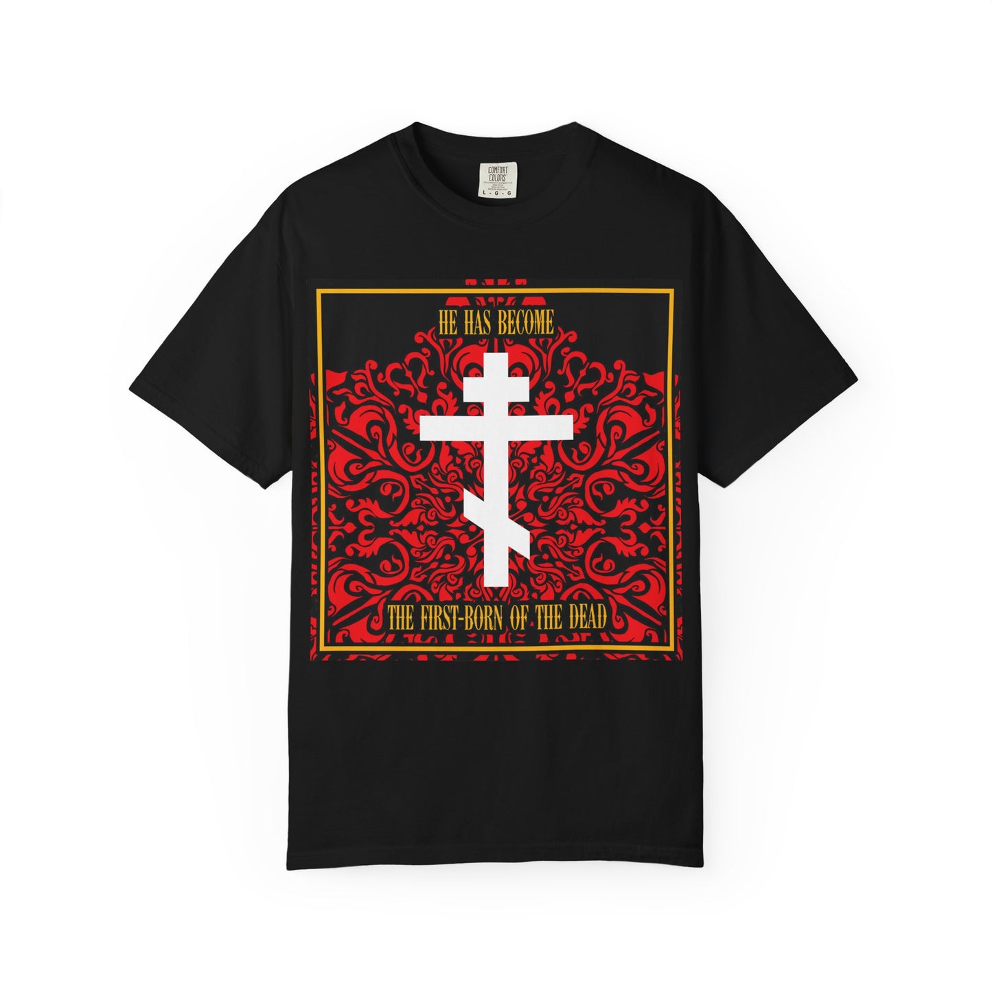 Introducing the "He Has Become the First-Born of the Dead" heavyweight cotton unisex tee, in classic black. This eye-catching t-shirt features a white Orthodox cross set against a rich red floral texture, with the inspiring phrase: The First-born of the Dead. Perfect for expressing your Christian faith with bold style, this shirt combines powerful biblical meaning and striking design.