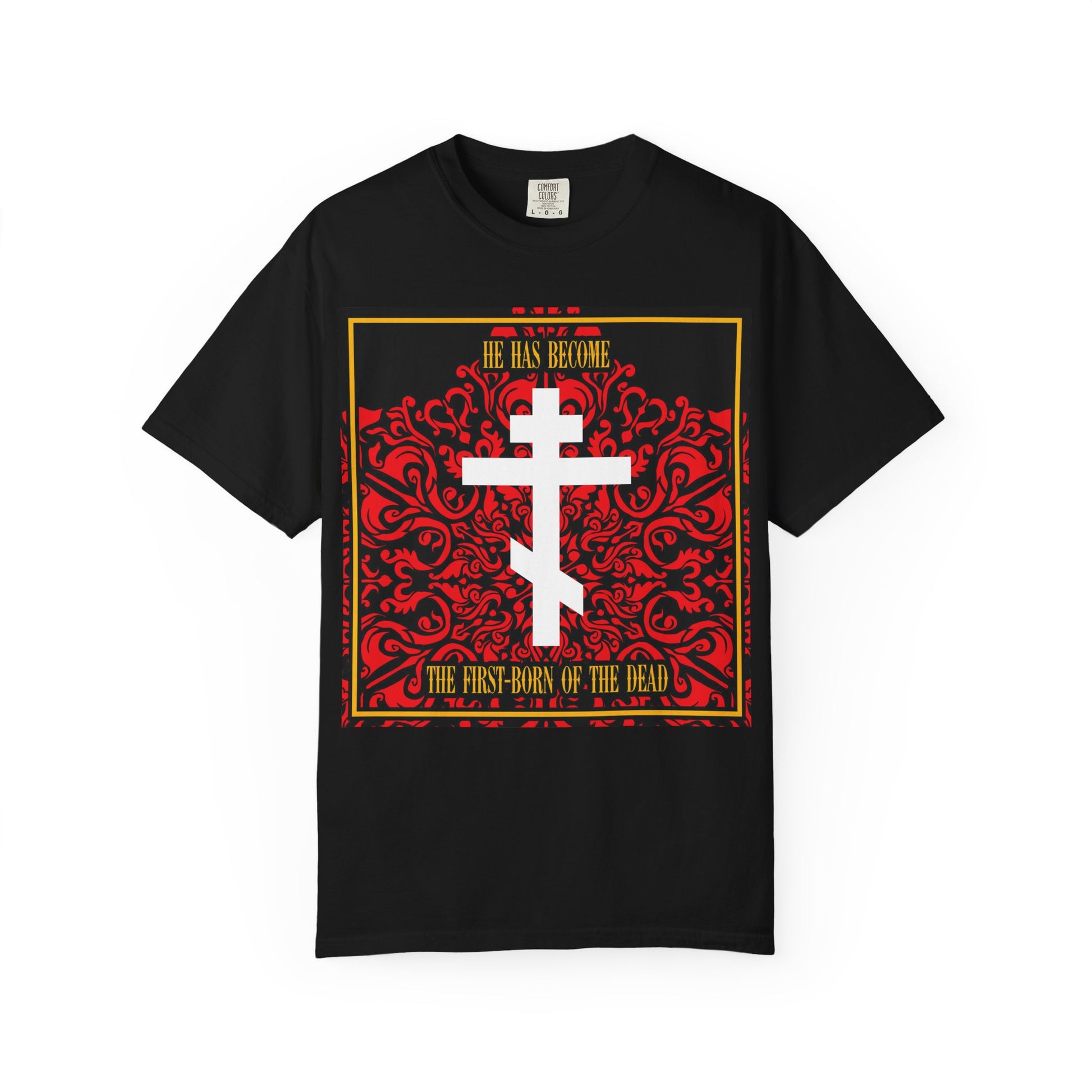 Introducing the "He Has Become the First-Born of the Dead" heavyweight cotton unisex tee, in classic black. This eye-catching t-shirt features a white Orthodox cross set against a rich red floral texture, with the inspiring phrase: The First-born of the Dead. Perfect for expressing your Christian faith with bold style, this shirt combines powerful biblical meaning and striking design.