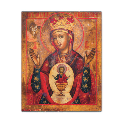 Mother of God of Nicaea Russian Orthodox Christian Icon (Panagia) featuring the crowned Theotokos Mary with raised hands and the child Jesus depicted in a chalice on her chest, symbolizing the Heavenly Bread, set against an ornate golden background—religious canvas sacred wall art.