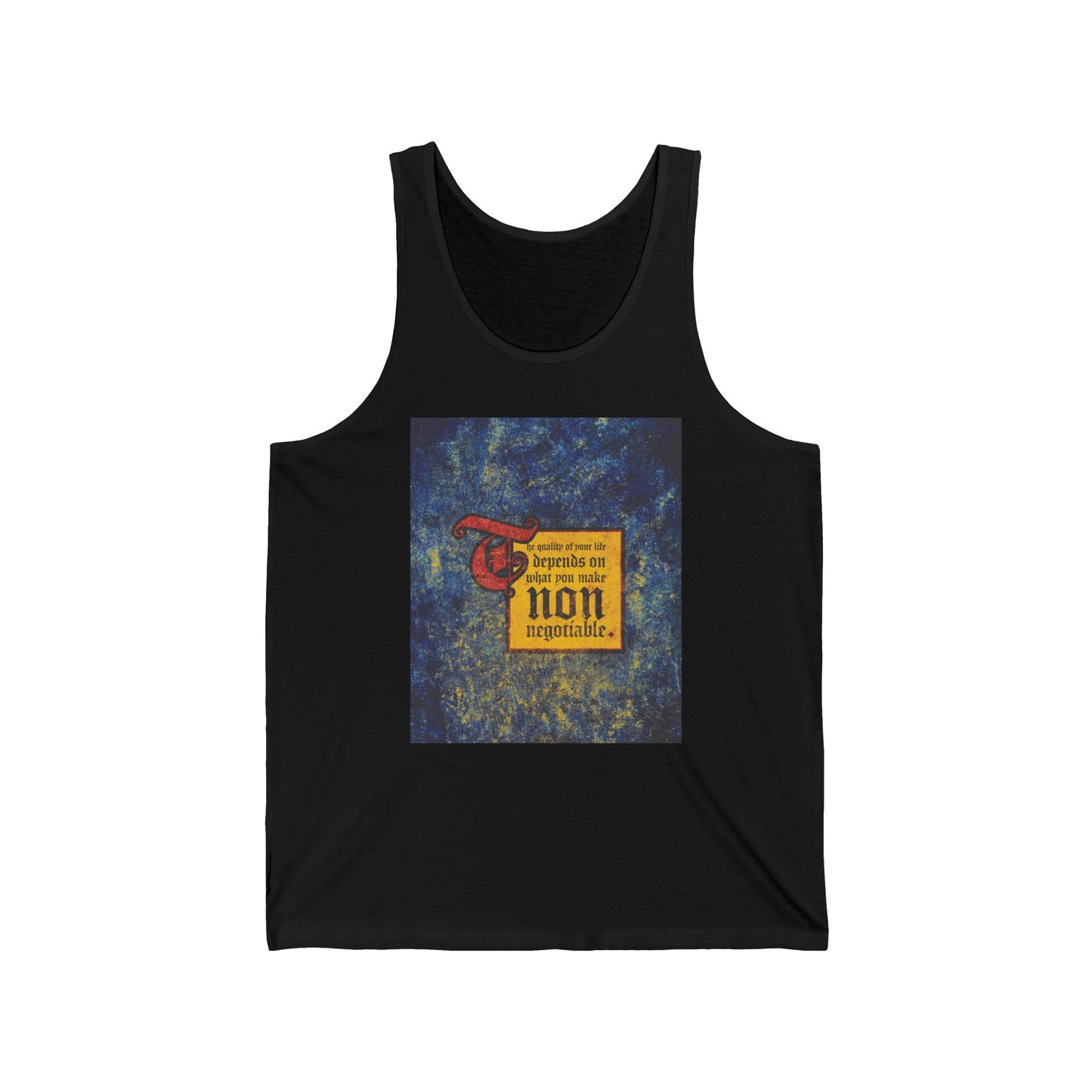Black tank top featuring the motivational quote "The Quality of Your Life Depends on What You Make Non-Negotiable," perfect for Orthodox Christians seeking inspiration and uncompromising faith.