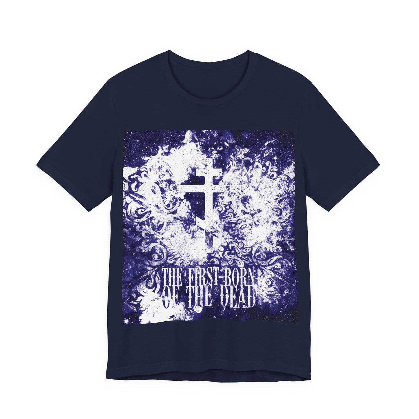 The First-Born of the Dead | Glowing White & Blue Textured Cosmic Orthodox Cross | Resurrection & Apocalypse | Christian Unisex Cotton Tee