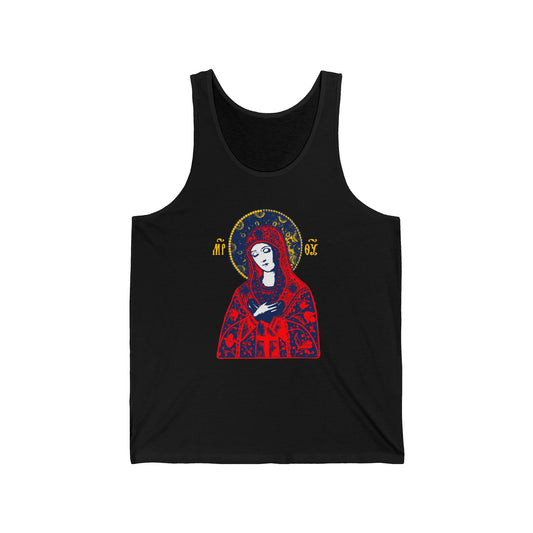 Joy of All Joys Tenderness Theotokos Iconographic Based on Traditional Orthodox Iconography | Red Design | Orthodox Christian Jersey Tank Top