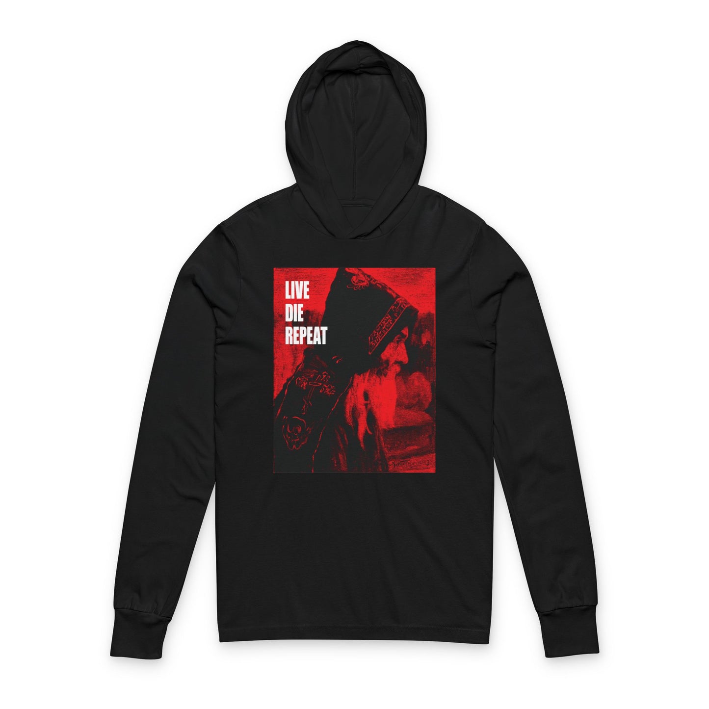 Black cotton hoodie featuring "Monk" by Mikhail Nesterov, with white LIVE DIE REPEAT text on the chest. Part of the Die Every Day, and You Will Live Forever Ascetic Christianity Orthodox collection.