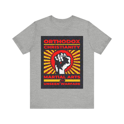 Orthodox Christianity: Martial Arts for Unseen Warfare | NIKA Jesus Fist on Colorful Sunburst Design | Orthodox Christian T-Shirt