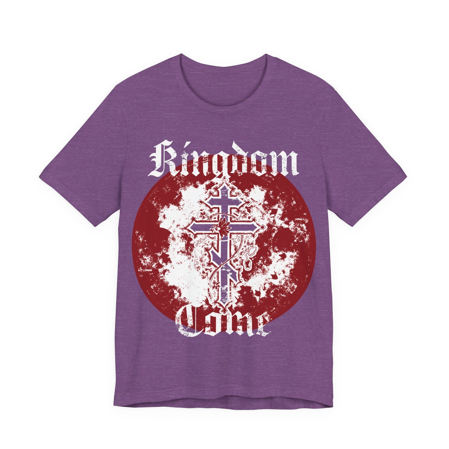 Heather Team Purple unisex cotton t-shirt featuring a distressed red circle, white Orthodox cross with vine, and "Kingdom Come" text inspired by the Lord's Prayer.