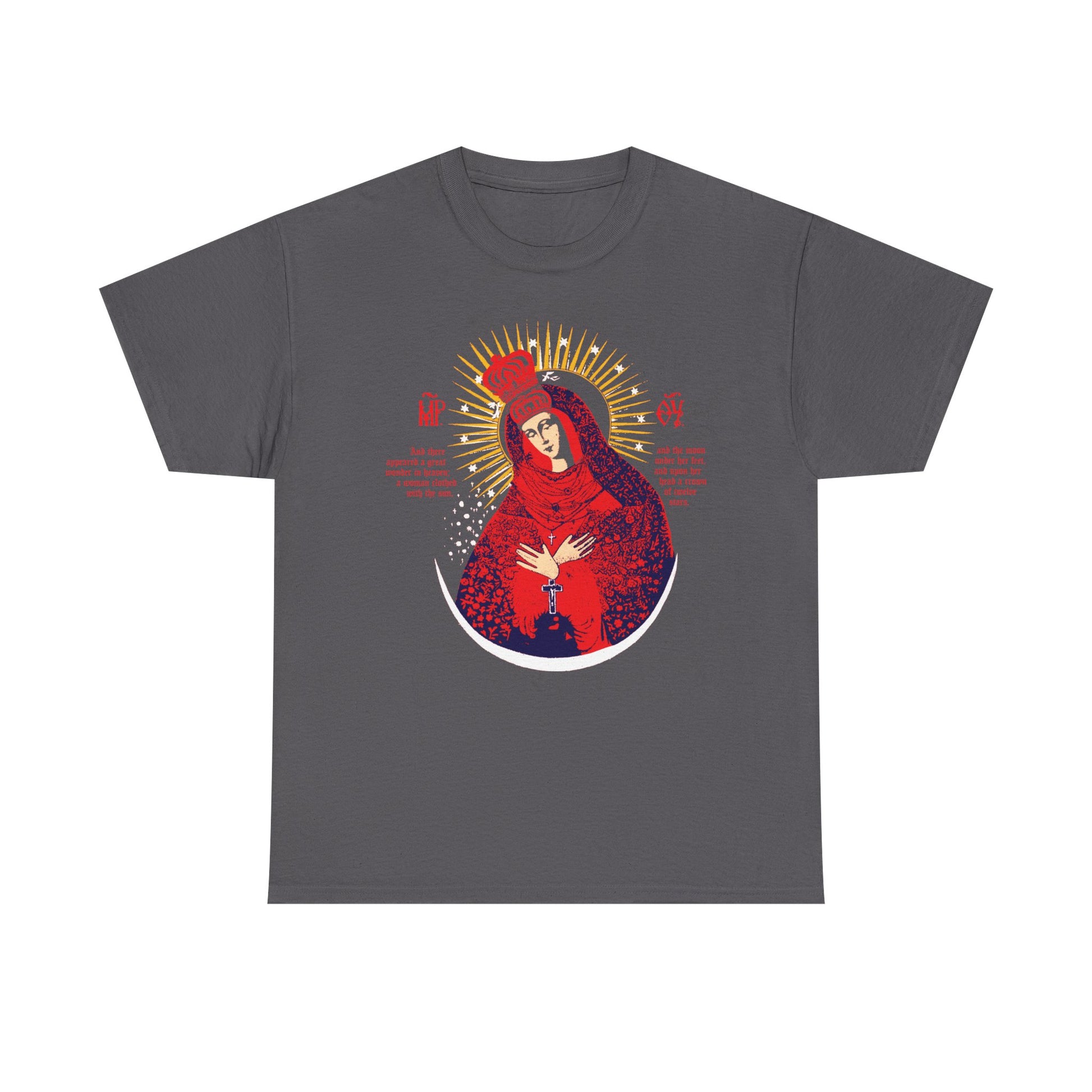 Charcoal t-shirt featuring Our Lady the Gate of Dawn icon-inspired graphic art in red, blue, and gold accents; Theotokos crowned as Woman of the Apocalypse. Heavy cotton Christian design.