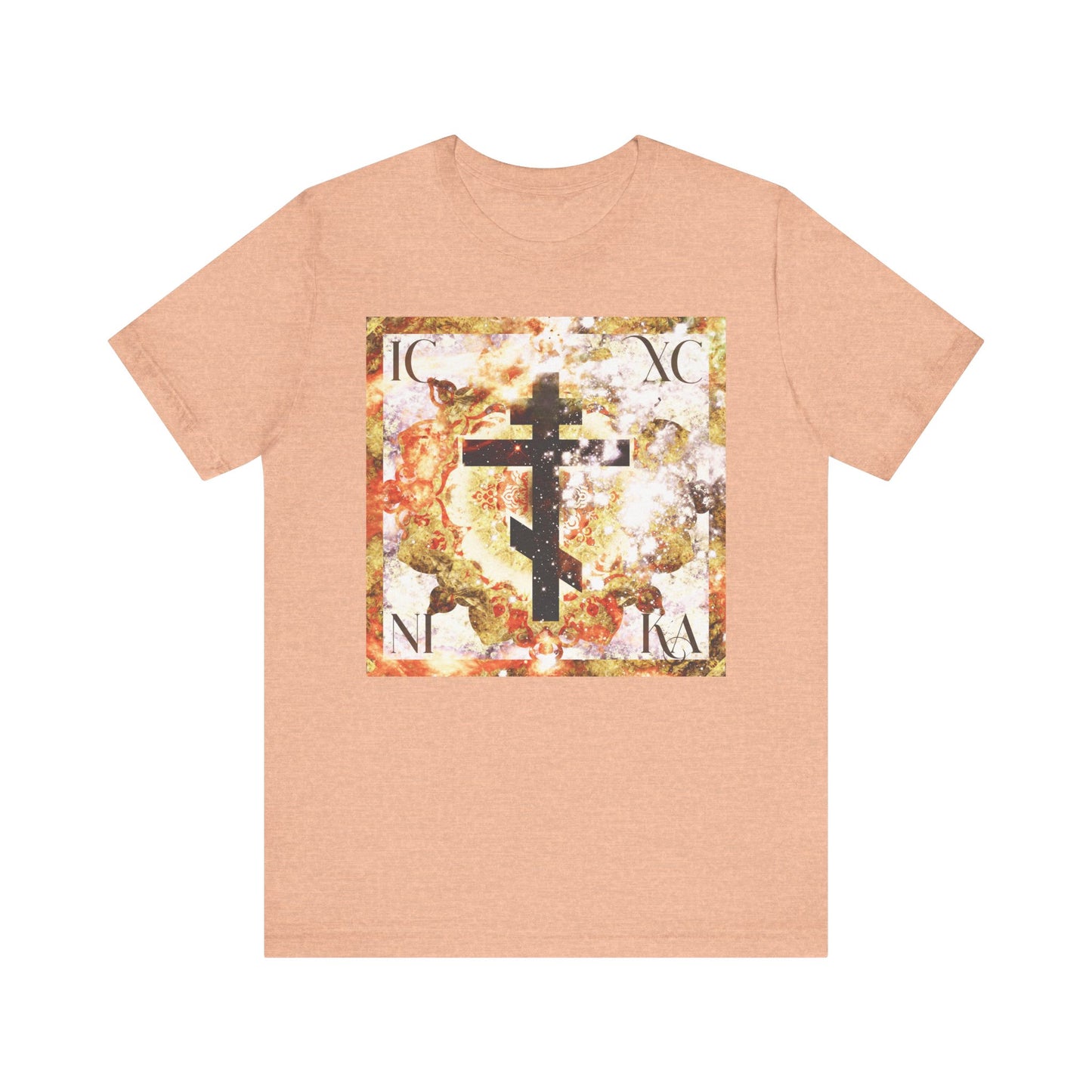 Heather Peach t-shirt featuring the ICXC NIKA Beige & Brown Textured Glowing Cosmic Art Cross—a symbol of Christ’s Incarnation—displayed on a marbled square background with faded corner letters, crafted from lightweight cotton for a unisex fit.