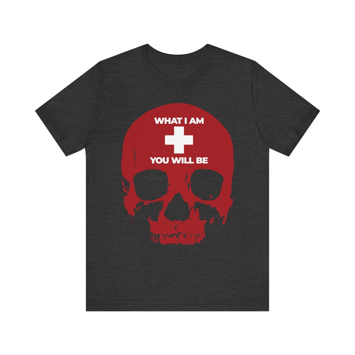 What I Am You Will Be White Cross on Red Skull | Remember You Will Die | Memento Mori | Orthodox Christian Lightweight Cotton Unisex Tee