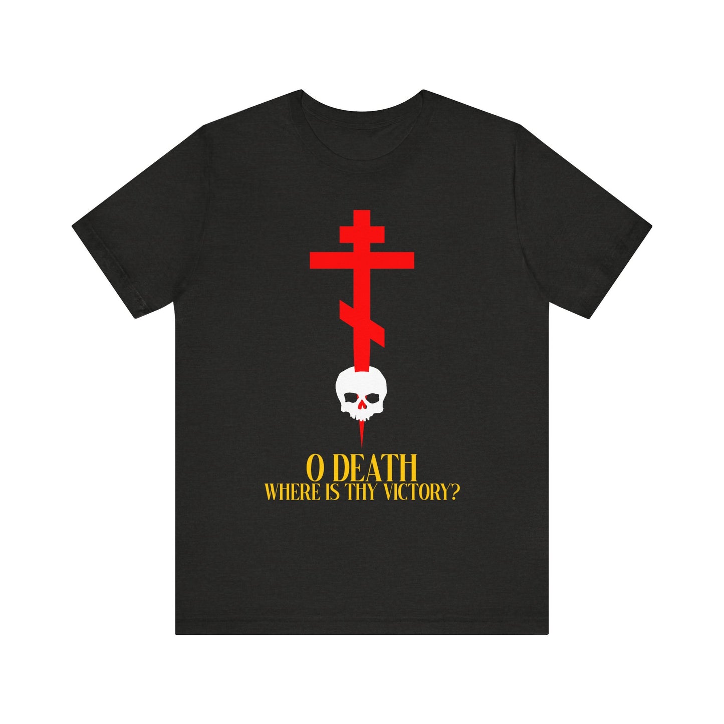 Black Heather unisex t-shirt with a red Orthodox cross, white skull, and yellow text: "O Death Where is Thy Victory?" (1 Corinthians 15:55). Lightweight cotton; proclaims Jesus Christ is King—Orthodox Christian faith and hope.