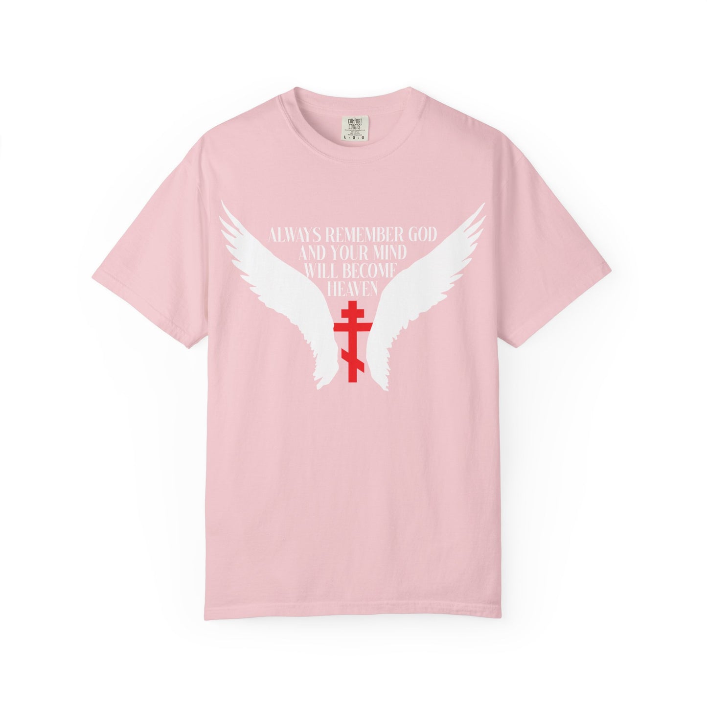 Blossom-colored heavyweight cotton unisex tee featuring Orthodox cross, angel wings, and the phrase: Always Remember God and Your Mind Will Become Heaven. Inspired by the wisdom of Fr Spyridon Bailey, this design is a gentle daily reminder to keep your thoughts with God.