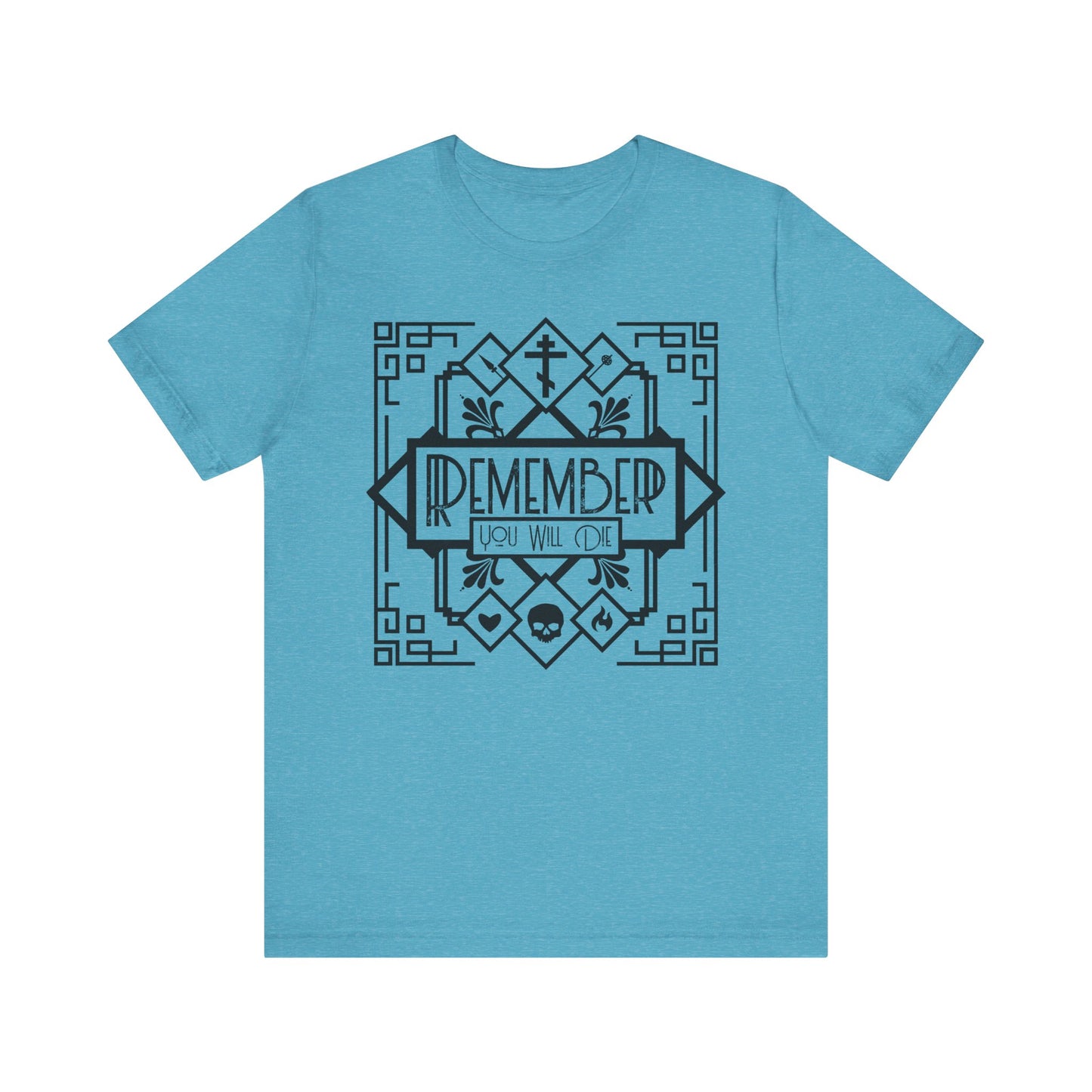 Heather Aqua unisex t-shirt featuring a black and white line art “Remember You Will Die” art deco design with skull, heart, and fire; inspired by memento mori themes. Lightweight cotton.