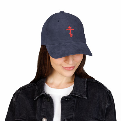 Simple Red Orthodox TriBar Cross | Weapon of Unseen Warfare Which Makes Demons Tremble | Orthodox Christian Embroidered Cotton Corduroy Cap