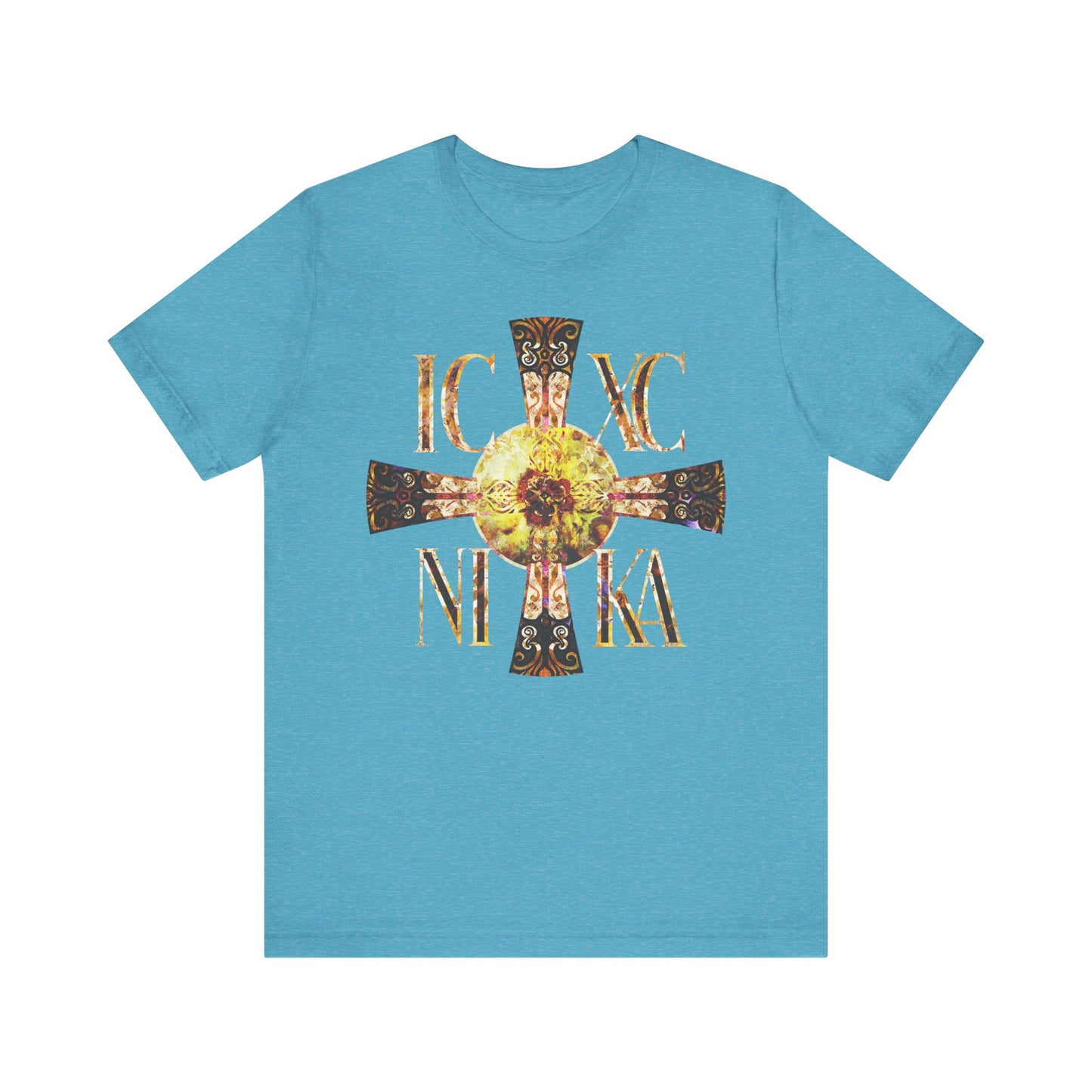 Heather Aqua tee with a Celtic-style equal-armed ICXC NIKA Cross and solar texture—Orthodox, lightweight, unisex cotton shirt symbolizing enduring faith.