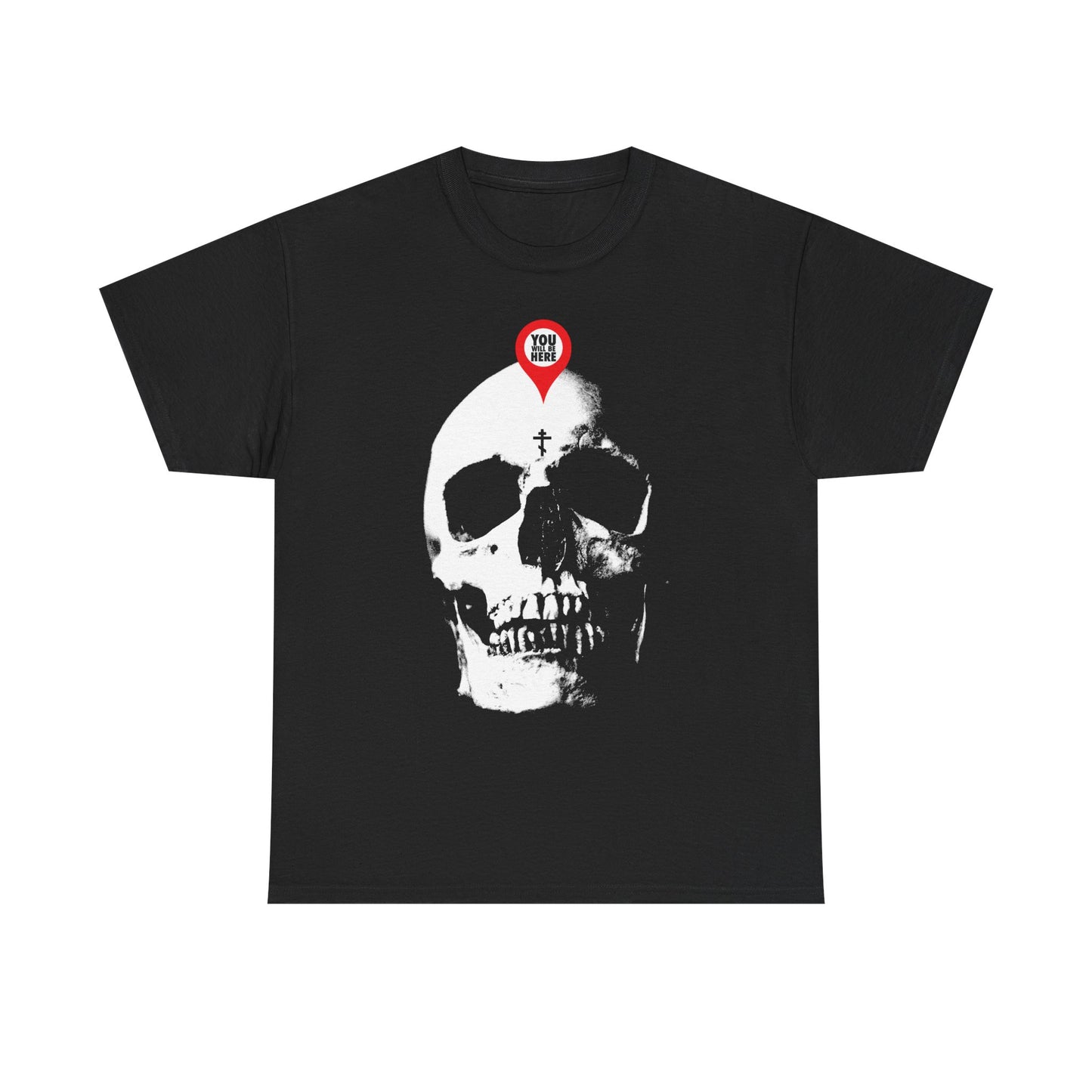Black unisex tee featuring a skull with a red “You Are Here” map marker—memento mori design inspired by “What You Are I Once Was.” Midweight cotton.