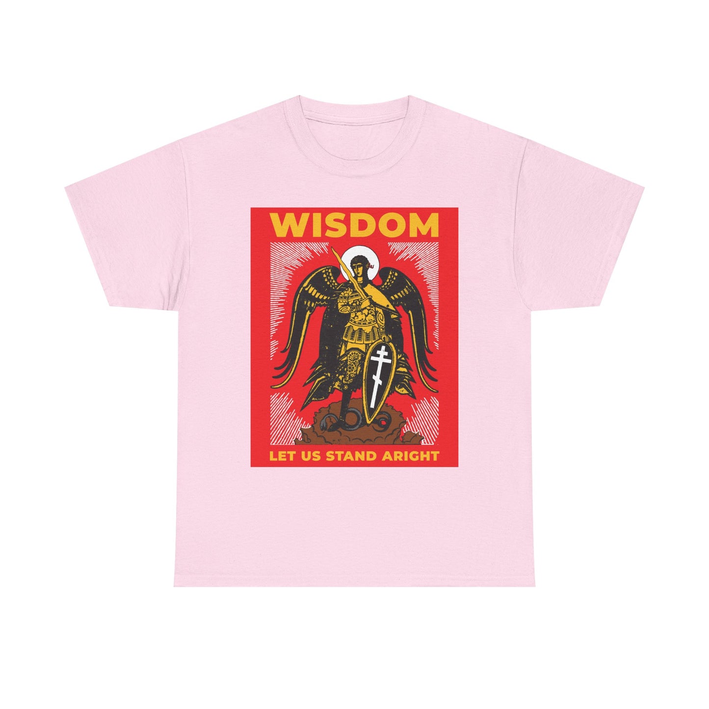 Light pink unisex tee featuring Archangel Michael with shield and sword, Russian illustration, and the text WISDOM: LET US STAND ARIGHT. Inspired by Revelation 12 and Michael’s victory in heaven. Midweight cotton.