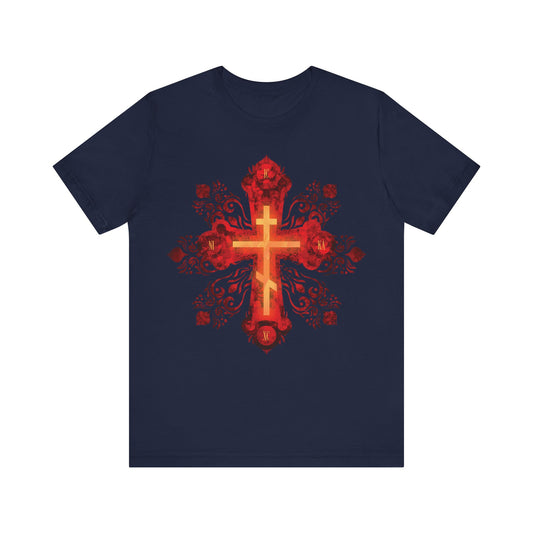 Navy unisex tee featuring a red & gold ornate Russian-style Orthodox cross and floral design with "He was pierced for our transgressions," inspired by Christian faith and St. Herman of Alaska.