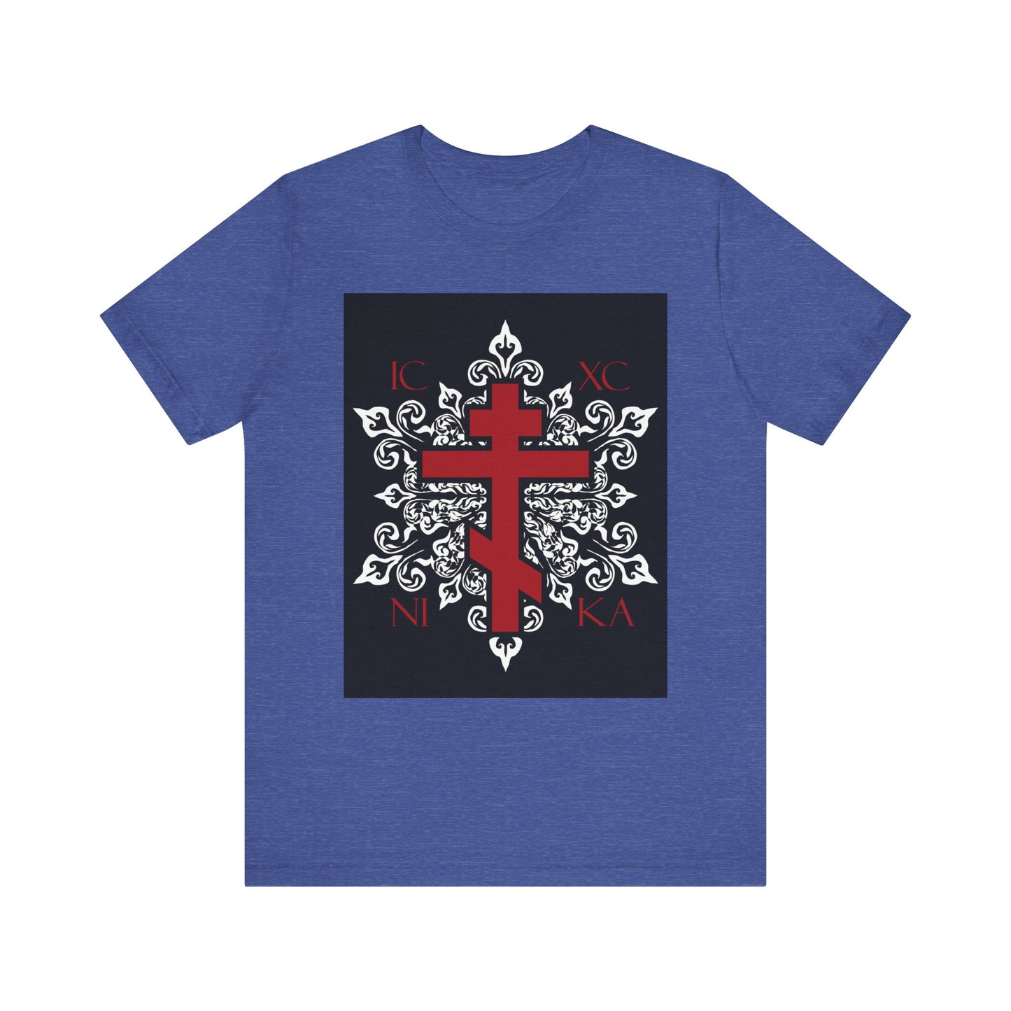 Heather True Royal unisex tee featuring a red Orthodox cross, ornate white medieval floral design, and ICXC / NIKA text—our best-selling lightweight cotton Orthodox Christian t-shirt, perfect for everyday faith-inspired wear.