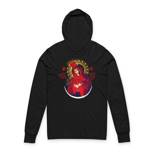 Our Lady the Gate of Dawn Icono-Graphic | Theotokos Crowned | Woman of the Apocalypse | Red Blue & Gold Design | Orthodox Hooded Shirt