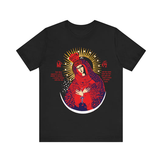 Black Orthodox cotton T-shirt featuring the Our Lady the Gate of Dawn Icono-Graphic, Theotokos Crowned as Woman of the Apocalypse, with red, blue, and gold design accents.