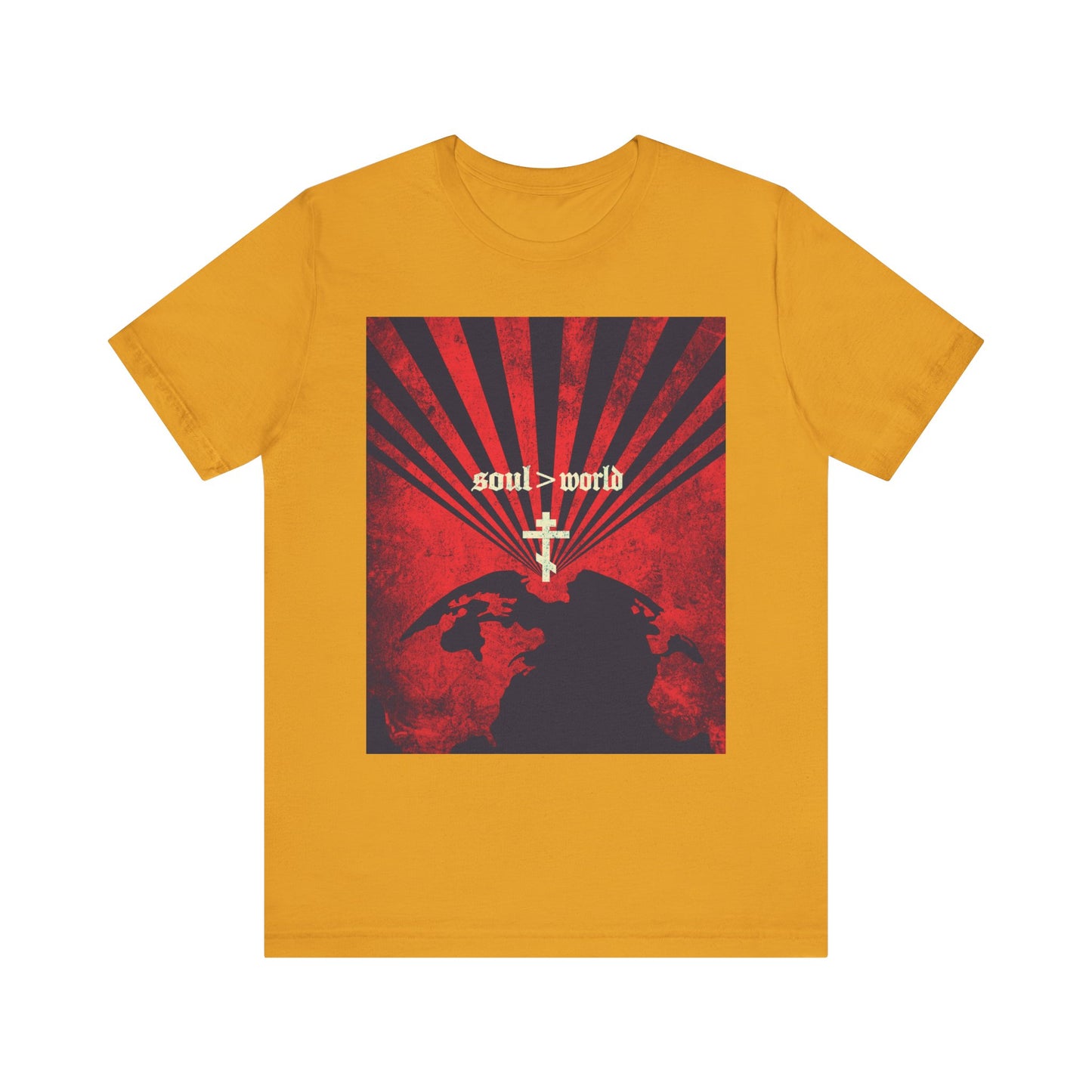 Mustard yellow "What Shall it Profit a Man" lightweight cotton unisex tee featuring a red earth design with a white cross and the phrase "Soul > World," inspired by Matthew 16:26 and Jesus’s teaching on taking up the cross.