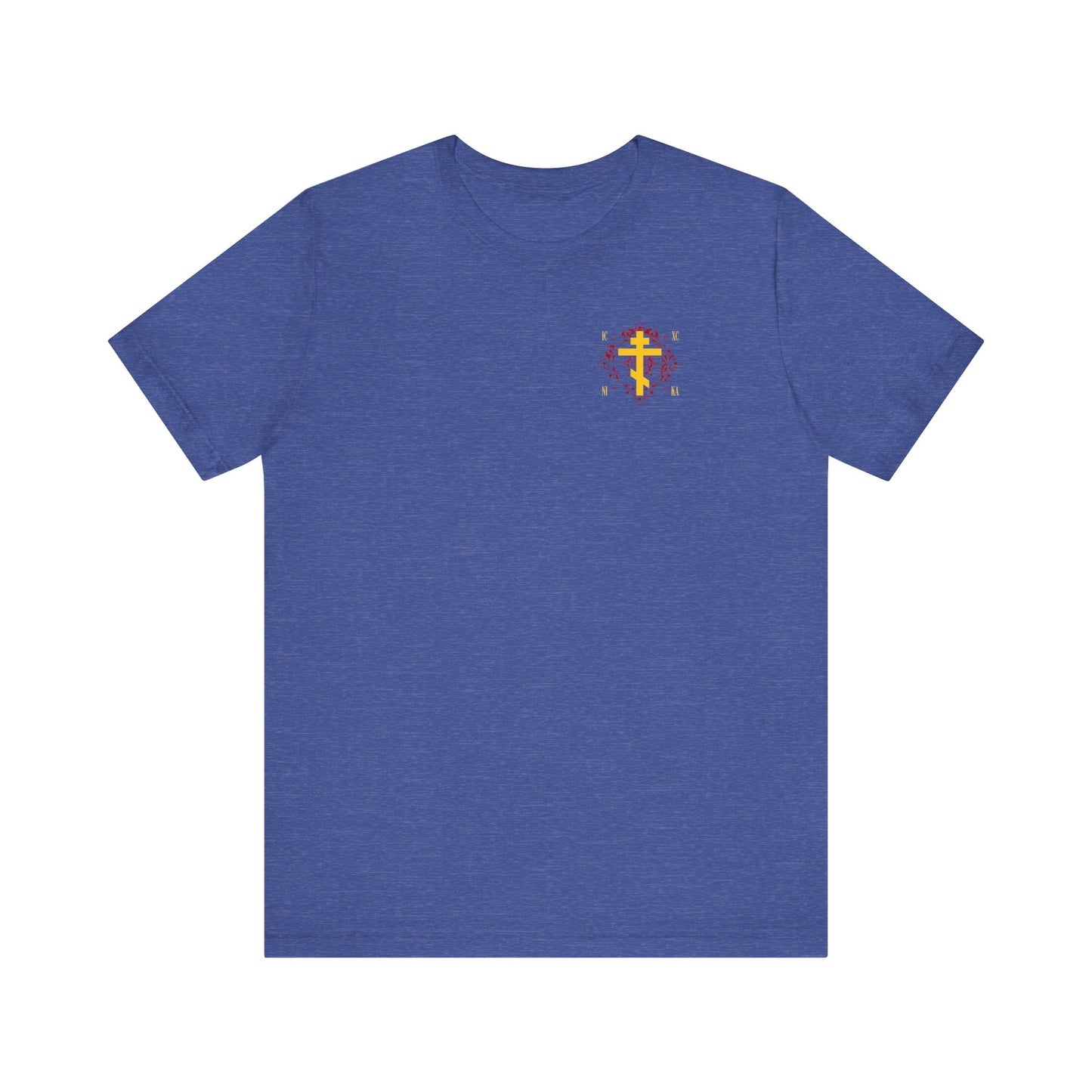 Heather true royal tee with a small yellow Orthodox ICXC NIKA cross on an ornate red background, inspired by Christ Conquers. Lightweight cotton unisex design.