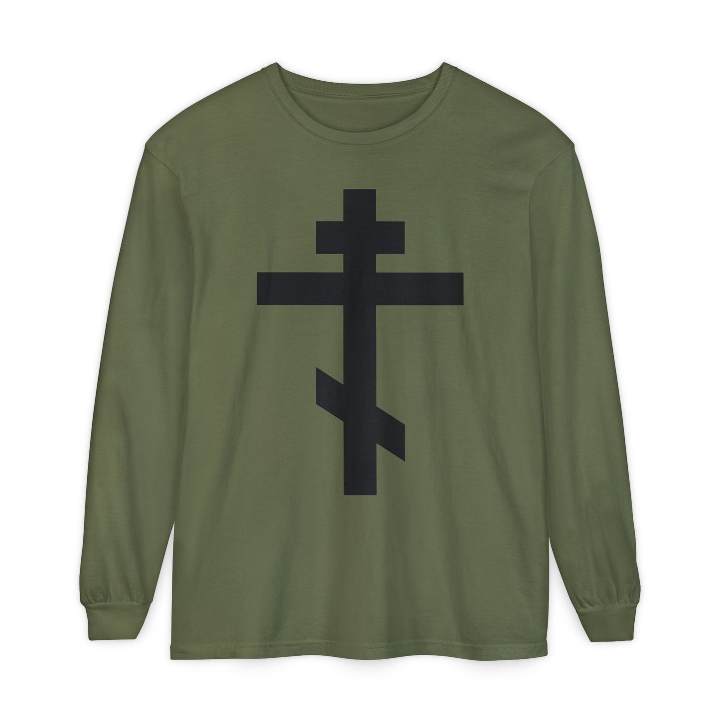 Hemp long-sleeve shirt featuring a large black Orthodox cross and the quote "May I never boast, except in the cross of our Lord Jesus Christ" (Gal 6:14), inspired by Orthodox tradition.