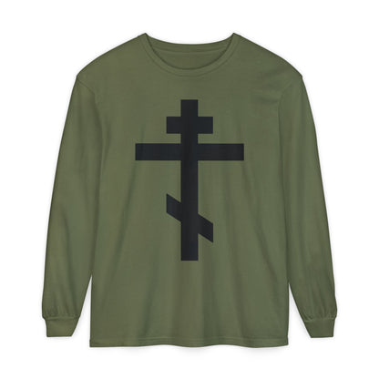 Hemp long-sleeve shirt featuring a large black Orthodox cross and the quote "May I never boast, except in the cross of our Lord Jesus Christ" (Gal 6:14), inspired by Orthodox tradition.