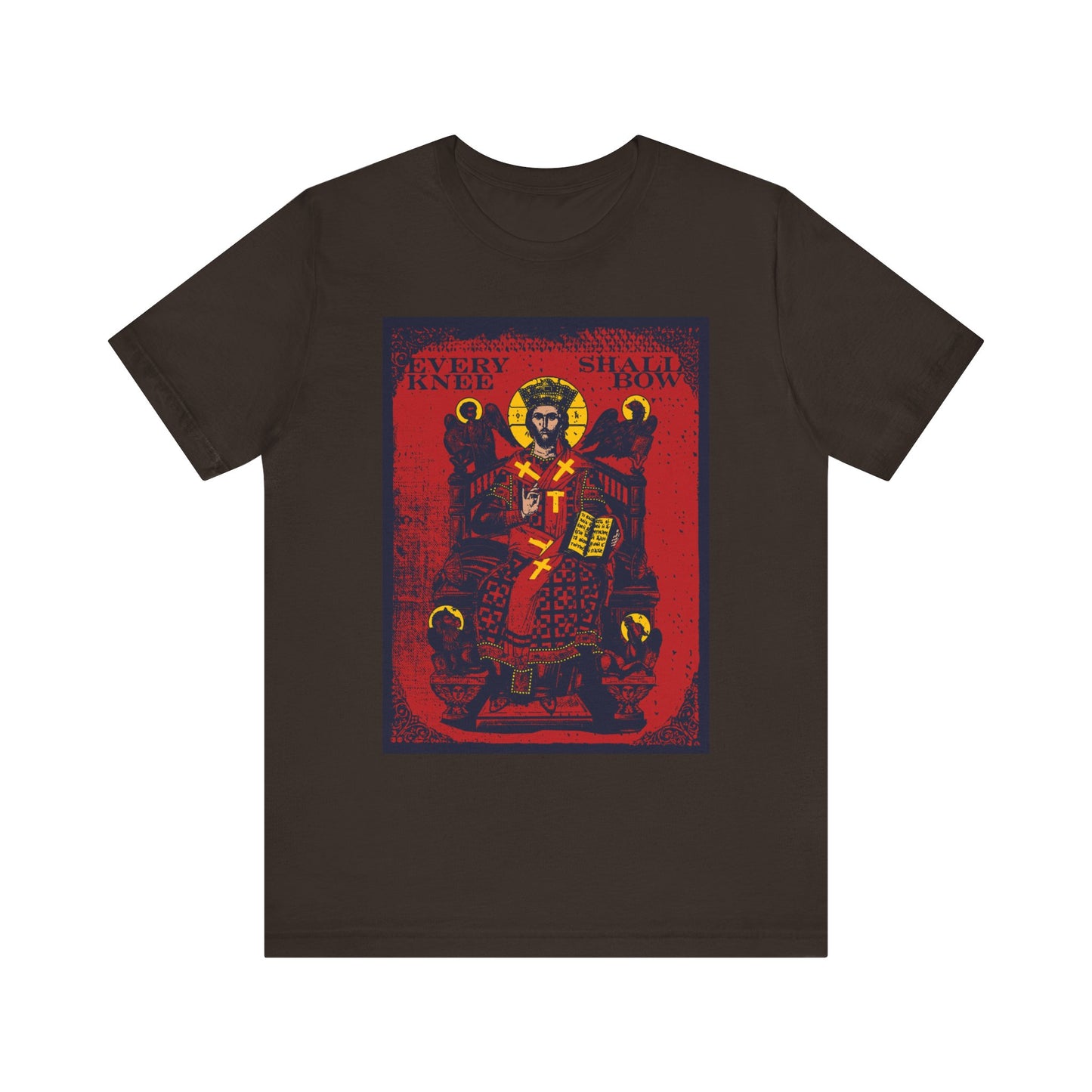 Brown unisex t-shirt with Christ Enthroned IconoGraphic and Ezekiel's Chariot, featuring the text "Every Knee Shall Bow" (Phil 2:8-11, Isaiah 45:23)—a bold reminder of Jesus Christ’s lordship. Lightweight cotton for comfort.