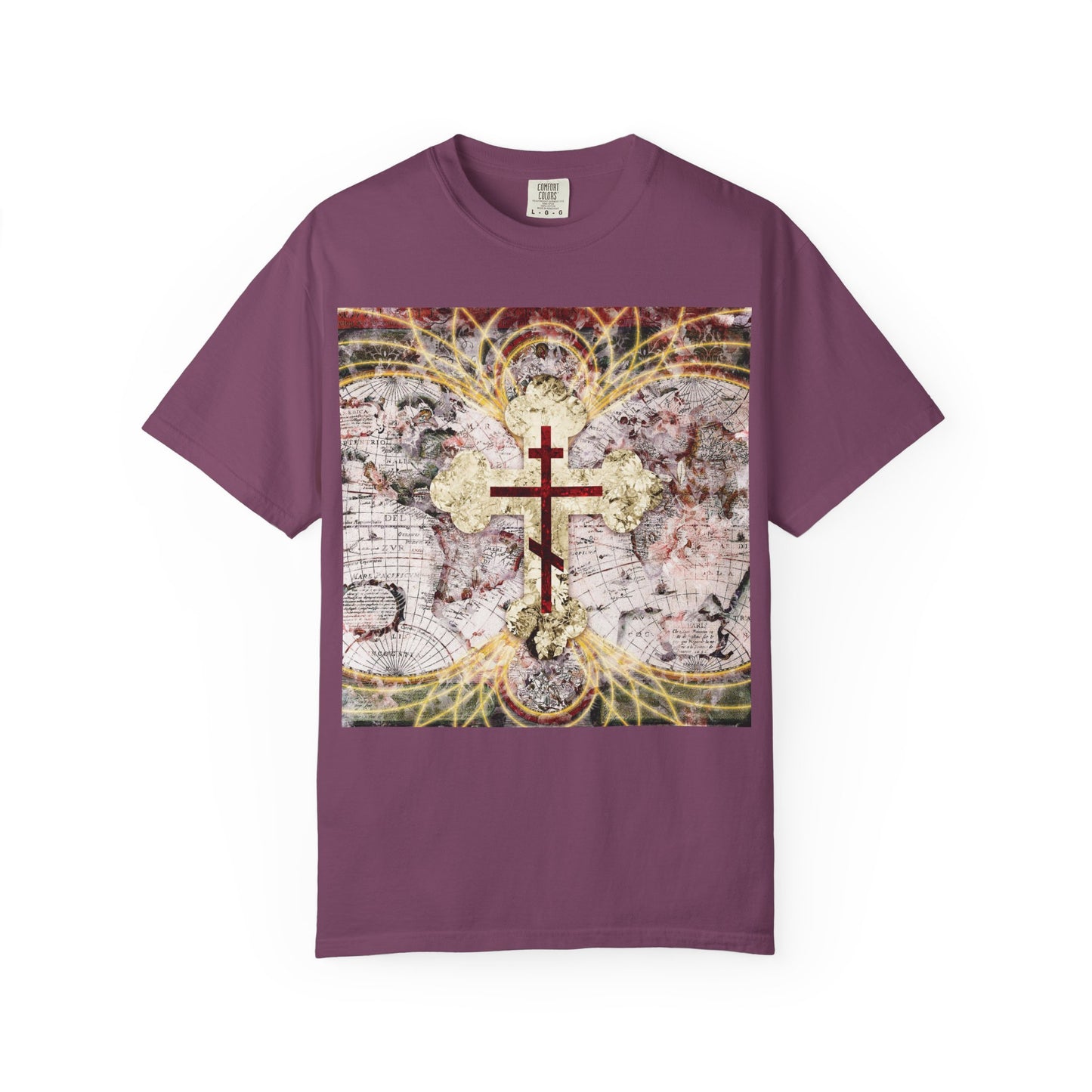 Berry Orthodox Christian Heavyweight Cotton Unisex Tee featuring a striking red Orthodox cross on an antique map with glowing magnetic lines, inspired by Revelation 1:18 and symbolizing the Conqueror of Death and the keys of Death and Hades.
