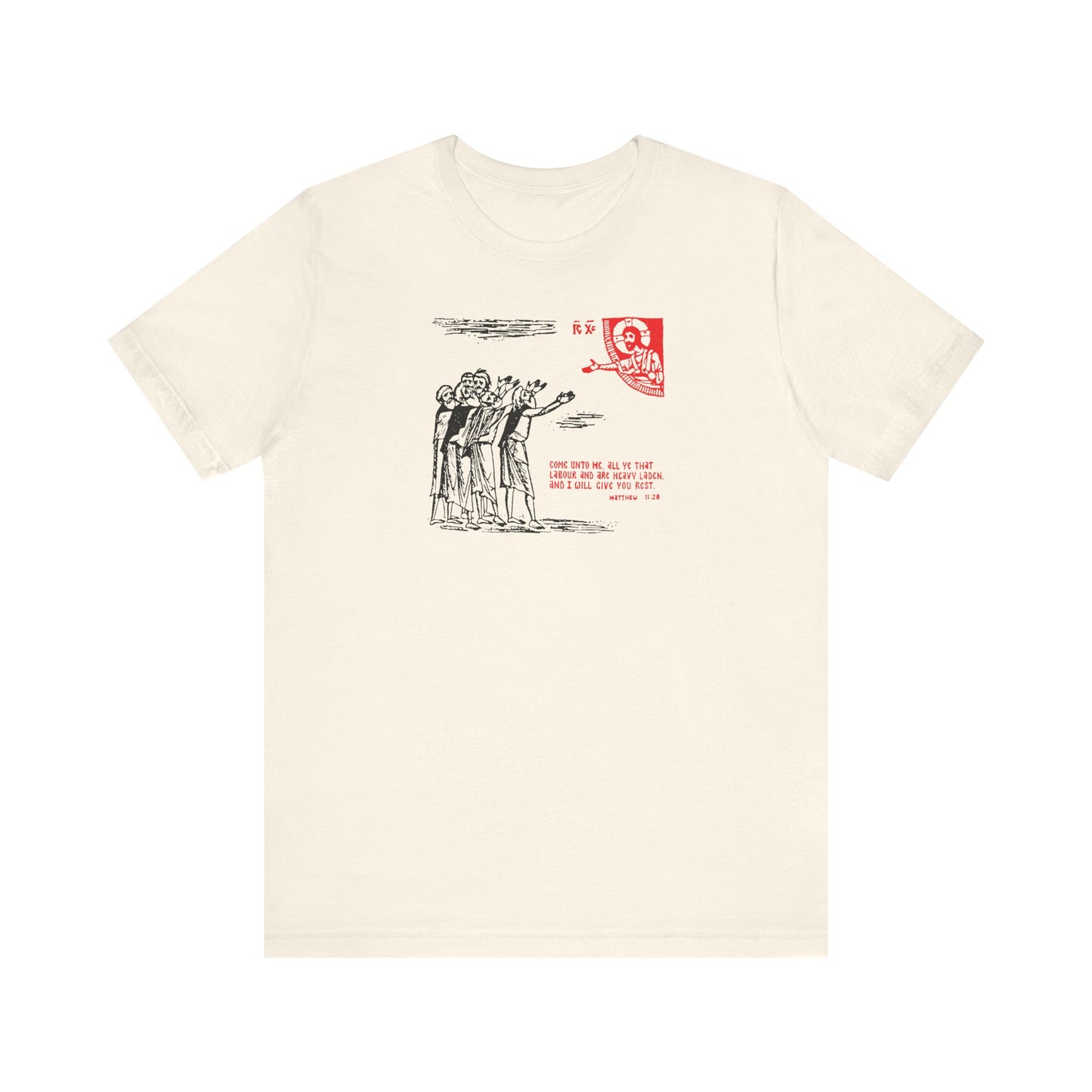 Natural-colored unisex cotton tee featuring an icono-graphic illustration, Orthodox motif, and the phrase "Come Unto Me All Ye That Labour & Are Heavy Laden" (Matt. 11:28) on the front.