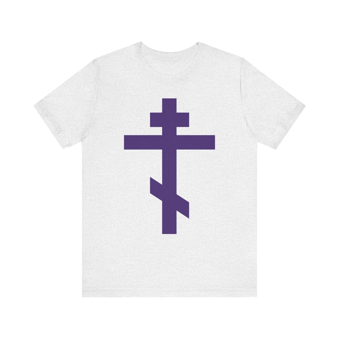 Ash T-shirt featuring a prominent purple Orthodox tribar cross design on the front, inspired by the faith and teachings of St. John of Kronstadt, with the message "Preserve Thy People By Thy Cross, O Lord"—a reminder of our ever-present Saviour. This lightweight cotton unisex tee proclaims that Christ is King.