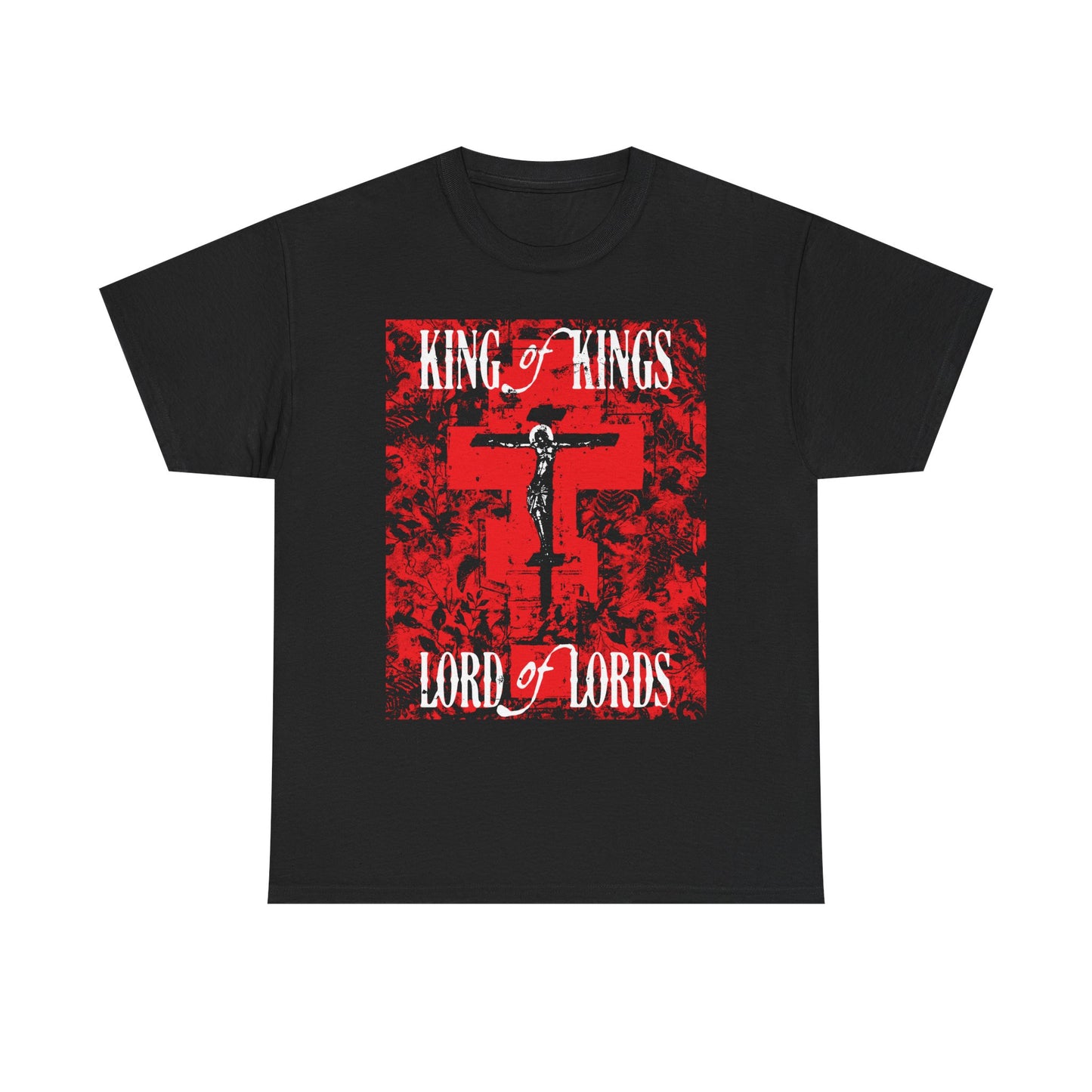 King of Kings, Lord of Lords | Christ Crucified Icono-Graphic | Red Cross Nature Texture w/ White Text | Midweight Cotton Unisex Tee