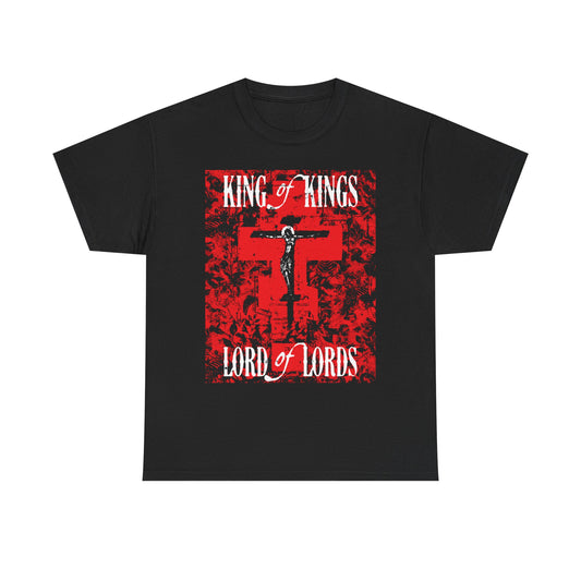 Black midweight cotton unisex tee featuring a red cross nature texture with white "King of Kings, Lord of Lords" text and a Christ crucified icono-graphic, inspired by Revelation 19:11-16 (KJV).