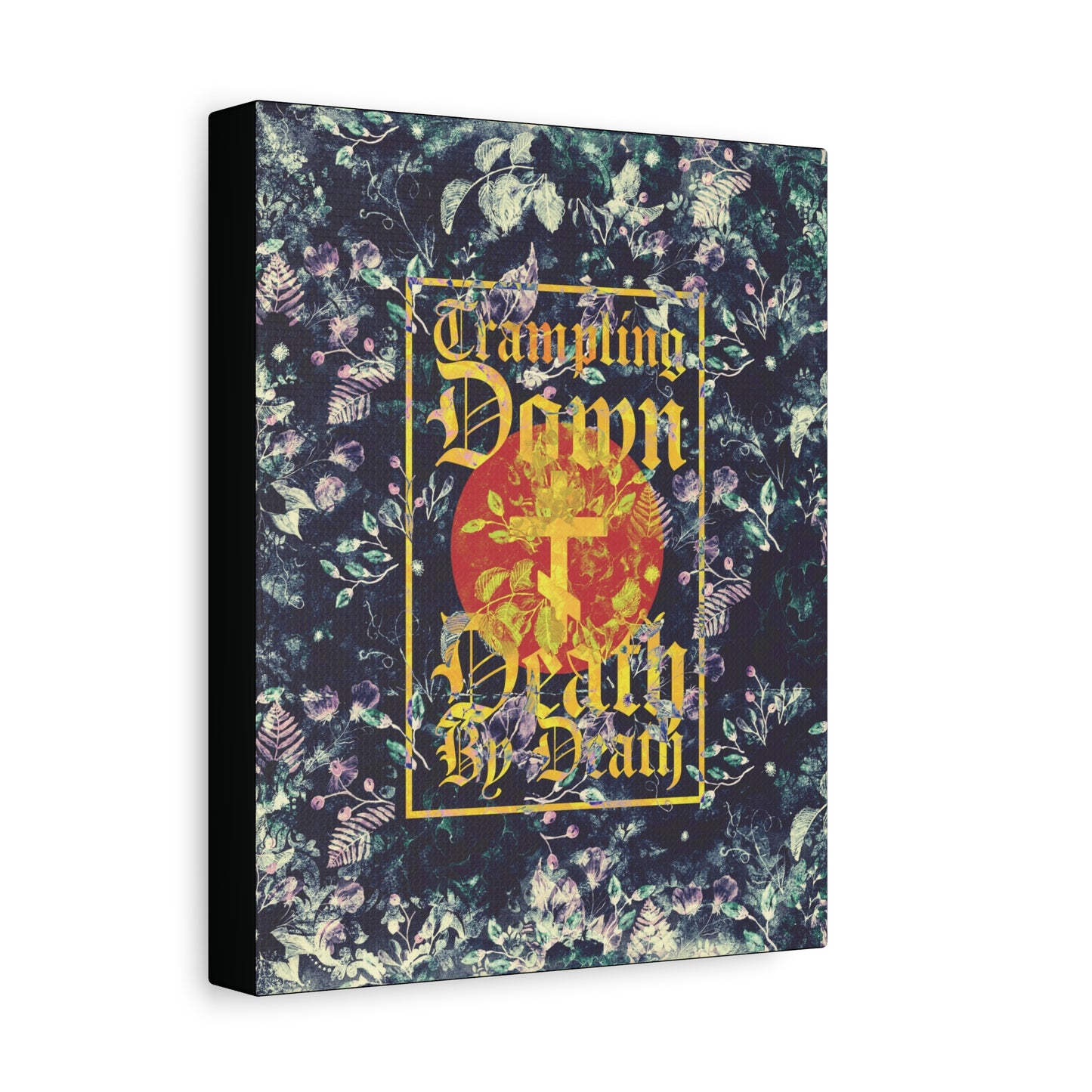Trampling Down Death By Death | Paschal Floral Design with Gothic Script and Three-Bar Cross | Orthodox Christian Canvas Art