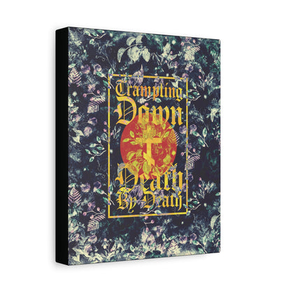 Trampling Down Death By Death | Paschal Floral Design with Gothic Script and Three-Bar Cross | Orthodox Christian Canvas Art