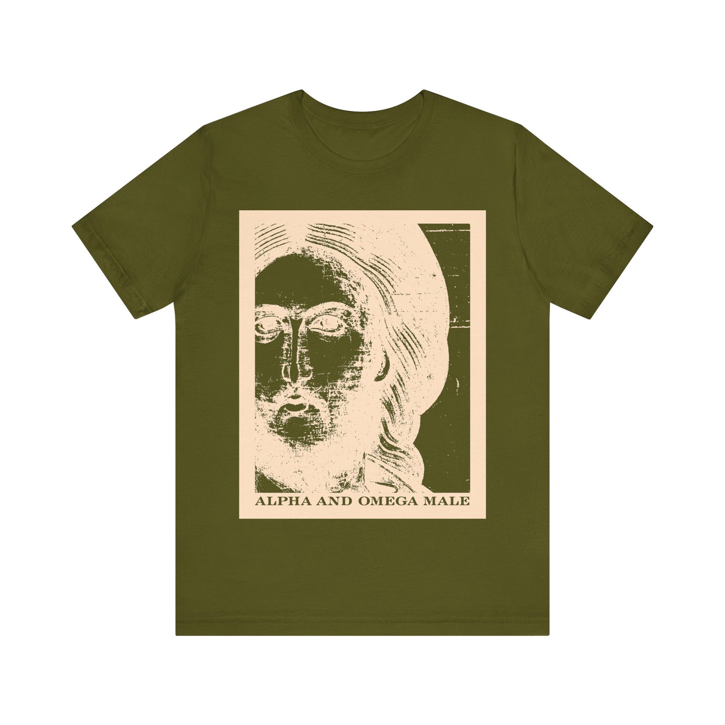 Olive Alpha & Omega Male tee featuring a photonegative Jesus Christ graphic and "I am the Beginning & the End (Rev 22)"—an Orthodox Christian unisex cotton shirt.