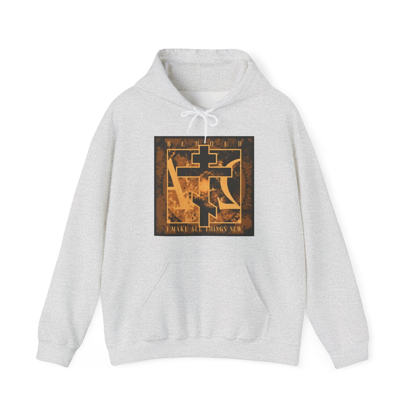 Ash hoodie featuring a brown and orange Orthodox cross with Alpha & Omega background, and the text “I MAKE ALL THINGS NEW” (Rev 21:5), inspired by the biblical promise of a new heaven and new earth.