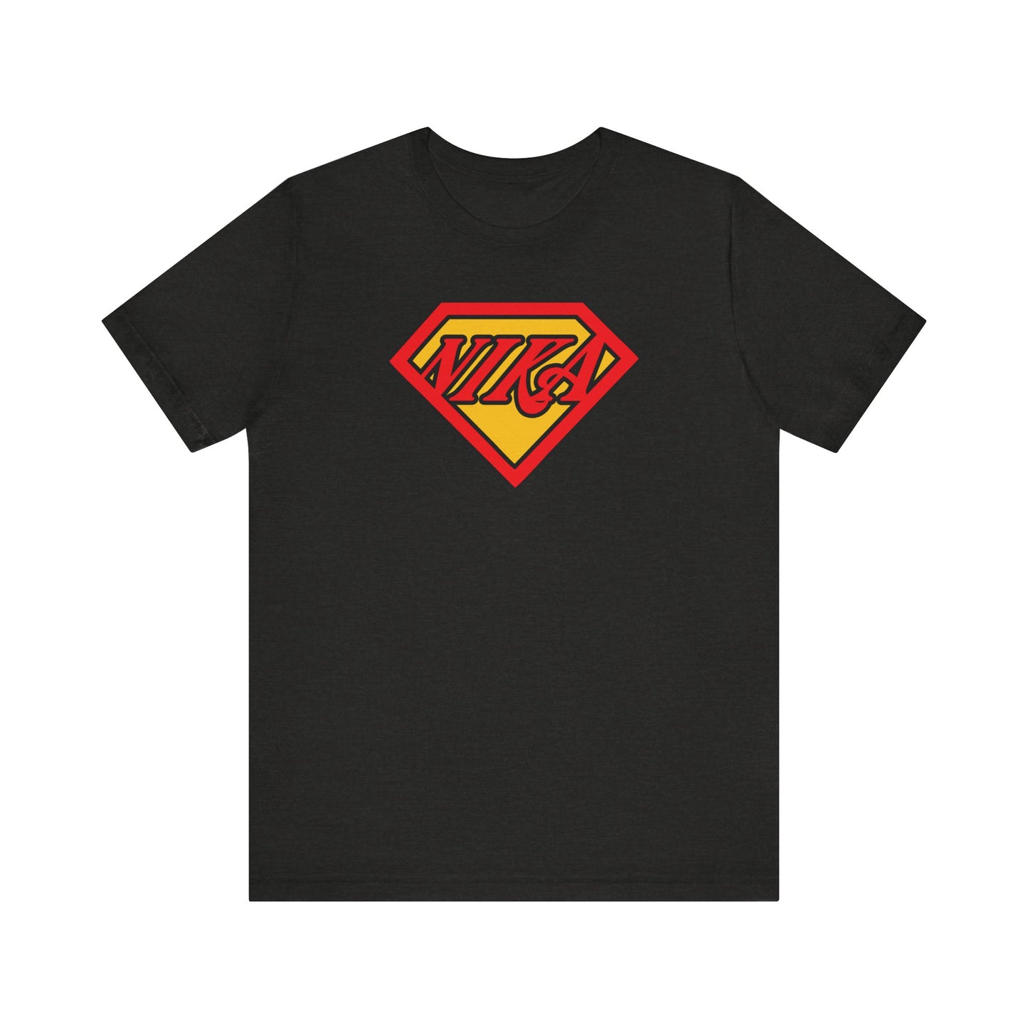 Black Heather NIKA Superm@n Logo tee, a lightweight unisex Orthodox Christian T-shirt featuring a red and yellow diamond-shaped emblem with "NIKA" in the center, inspired by St. John of Kronstadt’s call to conquer passions and hold fast to faith—a comic book pop culture mashup.