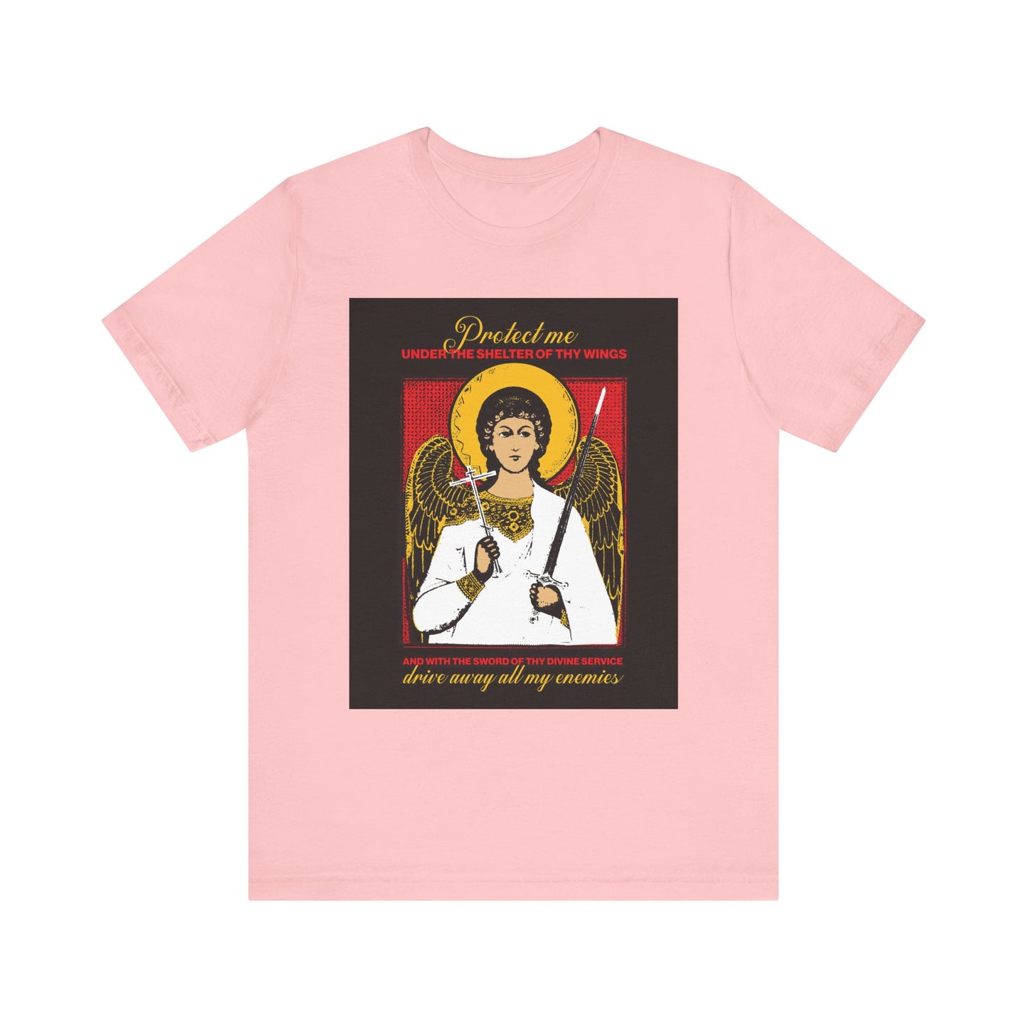 Pink Holy Guardian Angel Holding Sword & Cross Icono-Graphic T-shirt featuring a protection prayer: "Drive Away My Enemies." Lightweight cotton unisex tee—divine shelter and strength for everyday wear.