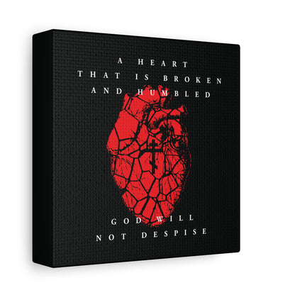 A Heart That is Broken and Humbled God Will Not Despise—Christian canvas art featuring a cracked red heart with Orthodox cross, inspired by Psalm 51’s prayer of repentance.
