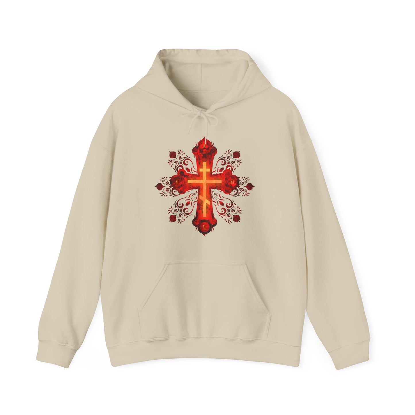 Sand hoodie featuring a red and gold ornate Russian-style Orthodox cross and rose, inspired by "He was pierced for our transgressions." A tribute to precious, life-giving faith and Orthodox Christian devotion.