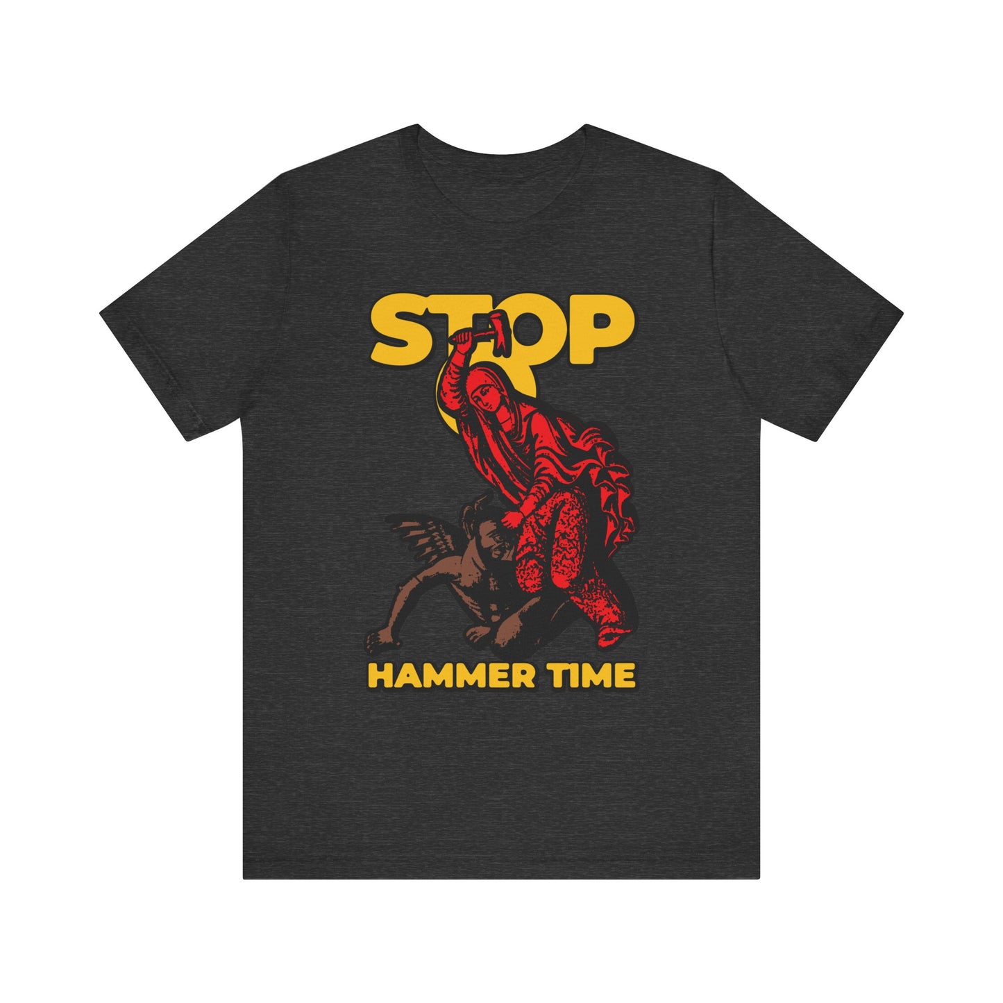 Dark Grey Heather t-shirt featuring "St Marina of Antioch Beating Devil with Hammer | Stop, Hammer Time" in a bold Orthodox meme style, with vibrant red, blue, and yellow artwork depicting St. Marina wielding a hammer above the devil—an homage to the legendary dramatic trials of this renowned Christian martyr. Crafted from lightweight cotton in a unisex fit.