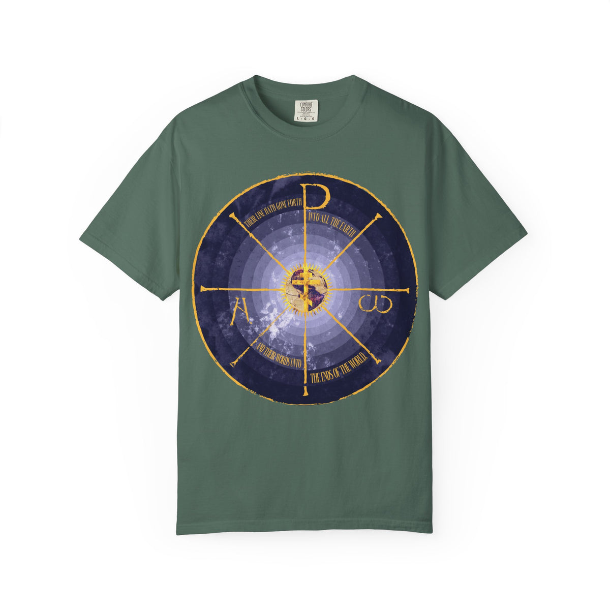 Blue Spruce heavyweight cotton unisex tee featuring a medieval-style Geocentric Cross and Chi Rho design in blue and yellow, accented with an Alpha & Omega Orthodox Christian Christogram graphic at the center.