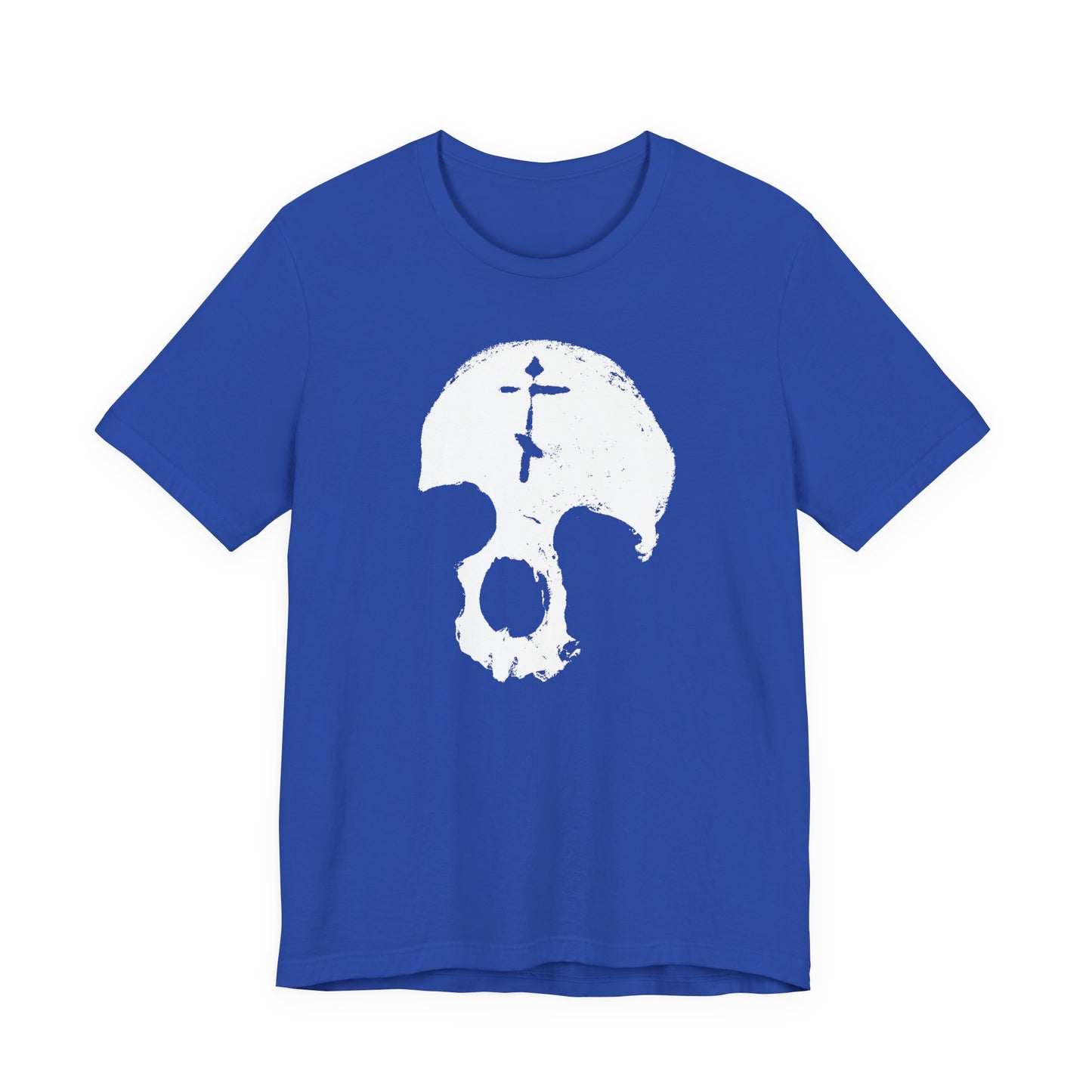 True Royal cotton unisex tee featuring a minimalist skull with Orthodox cross design. Inspired by gothic Christian themes, "All is Vanity" and "Memento Mori"—a bold reminder to remember you will die.