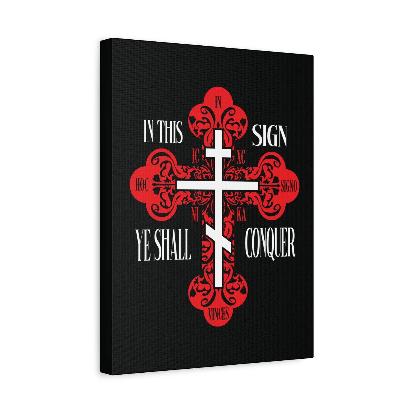 A red ornate Orthodox Cross with “In This Sign Ye Shall Conquer” and “ICXC NIKA” on a black background, symbolizing Jesus Christ's victory, from the In Hoc Signo Vinces Christian wall art collection.