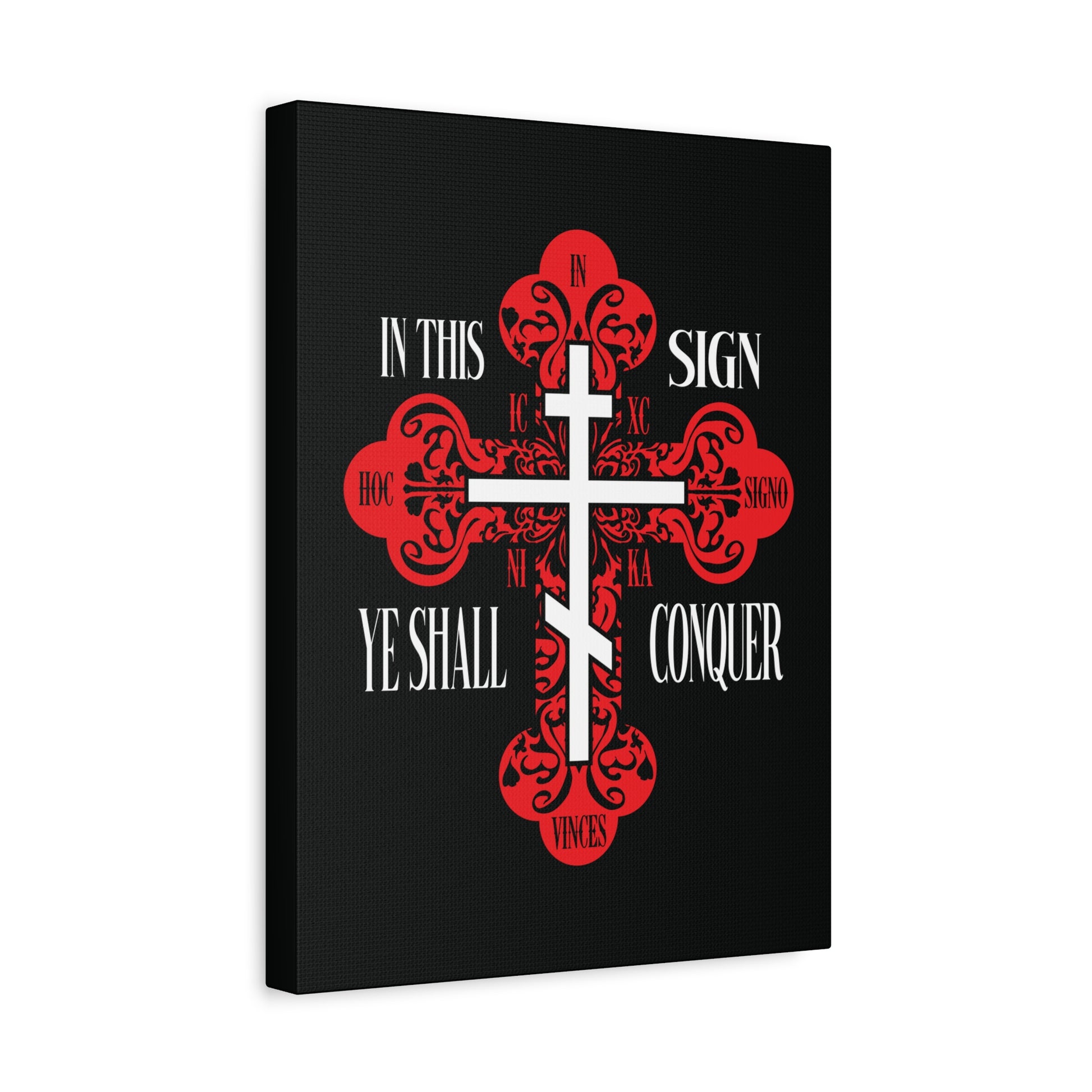 A red ornate Orthodox Cross with “In This Sign Ye Shall Conquer” and “ICXC NIKA” on a black background, symbolizing Jesus Christ's victory, from the In Hoc Signo Vinces Christian wall art collection.