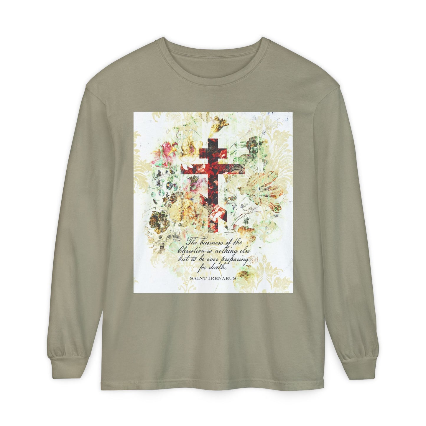 Preparing For Death | White & Beige Floral Scrapbook Texture Cross | Arts & Crafts Style | St Irenaeus | Orthodox Christian Long Sleeve Shirt