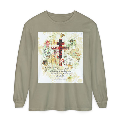 Preparing For Death | White & Beige Floral Scrapbook Texture Cross | Arts & Crafts Style | St Irenaeus | Orthodox Christian Long Sleeve Shirt