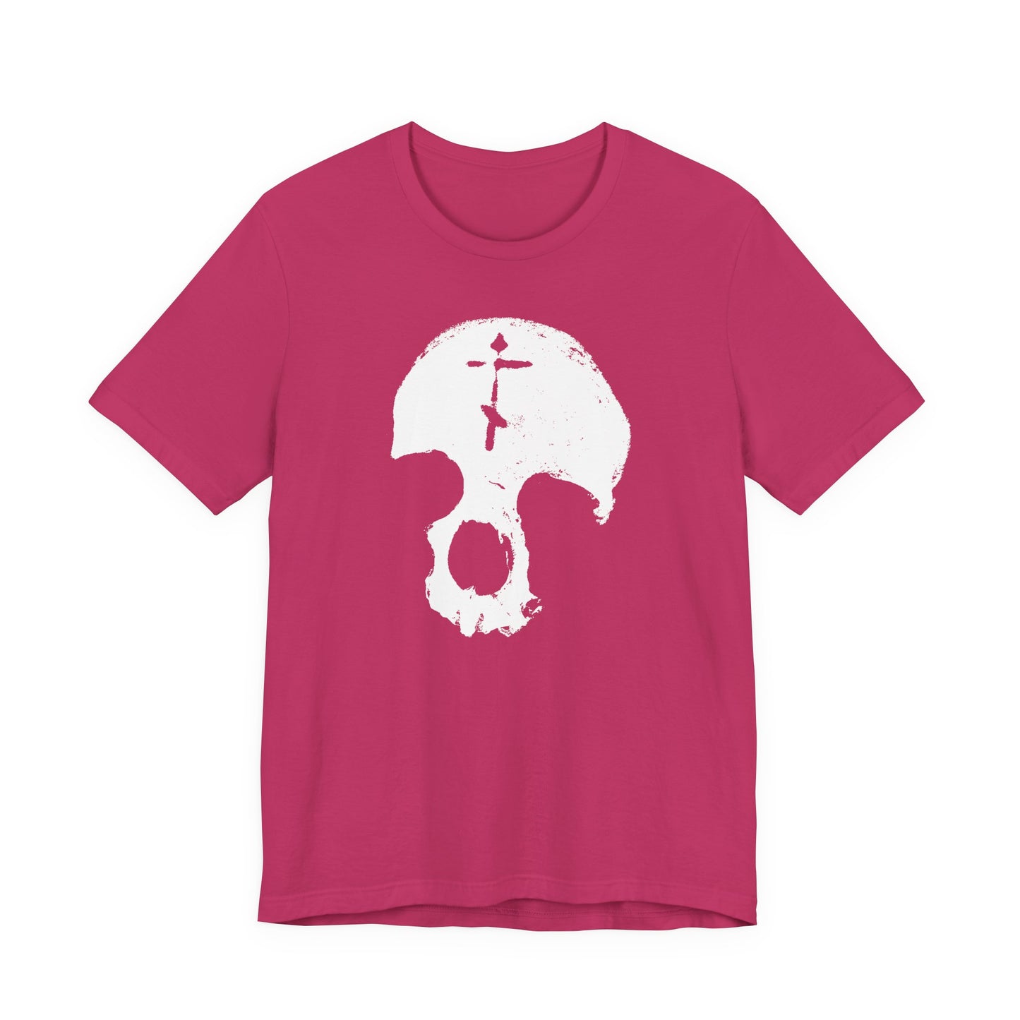 Berry unisex cotton tee featuring a minimalist white skull with an Orthodox cross, inspired by "All is Vanity" and "Memento Mori"; a gothic Christian design reminding you to remember your mortality.